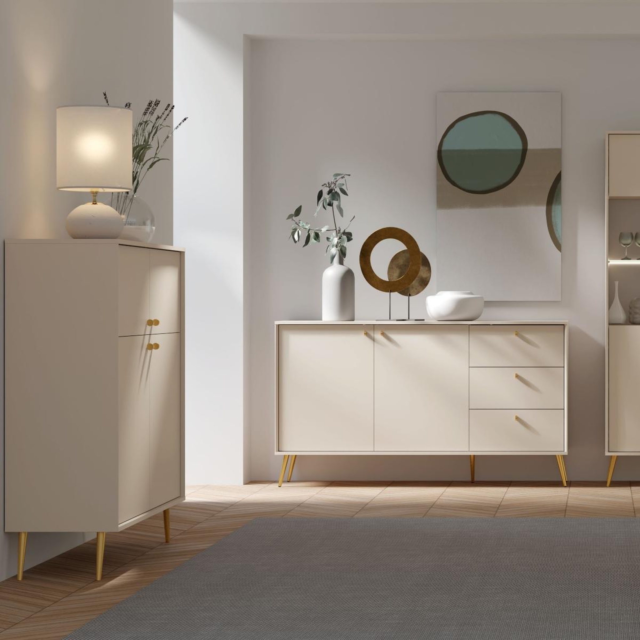 Voir la diapositive 4 : JLC KREATION Buffet haut moderne 4 portes beige et pied doré ezia