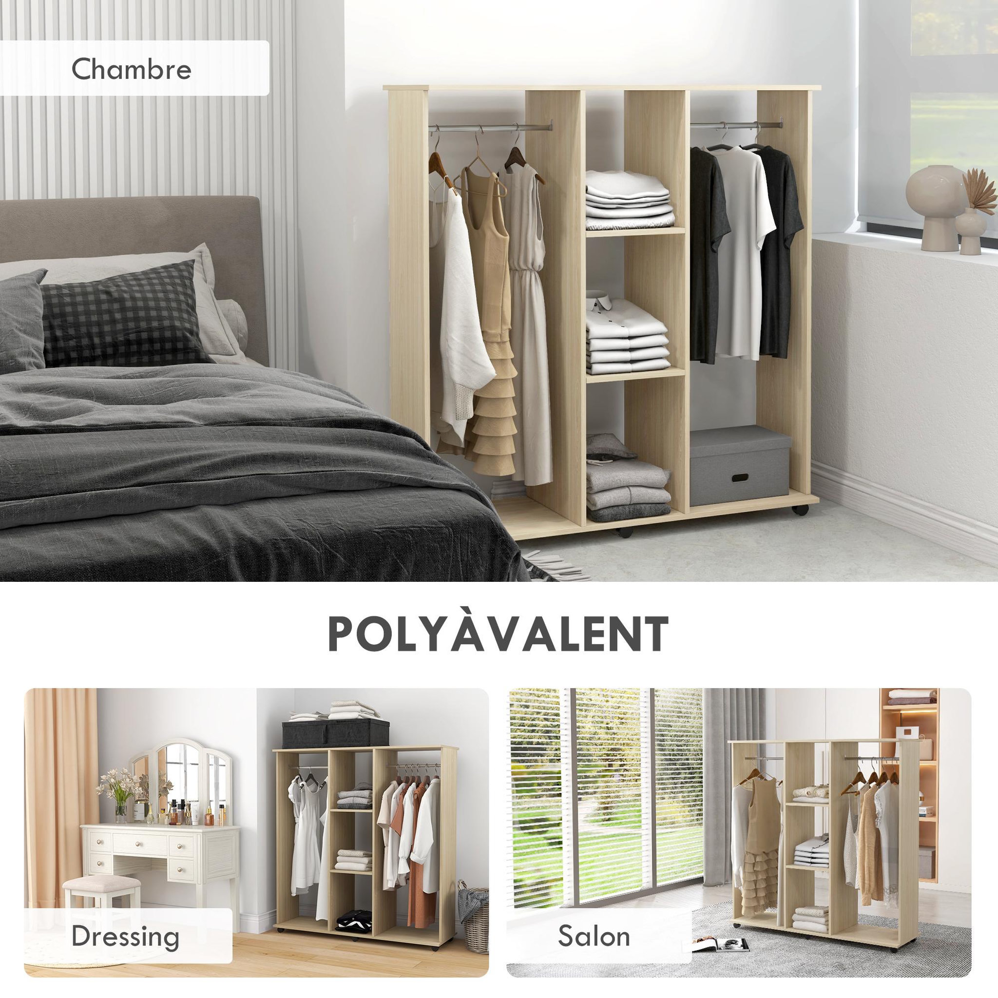 Voir la diapositive 5 : HOMCOM Armoire penderie meuble de rangement mobile 6 roulettes 120L x 40l x 128H cm panneaux de particules aspect bois chêne