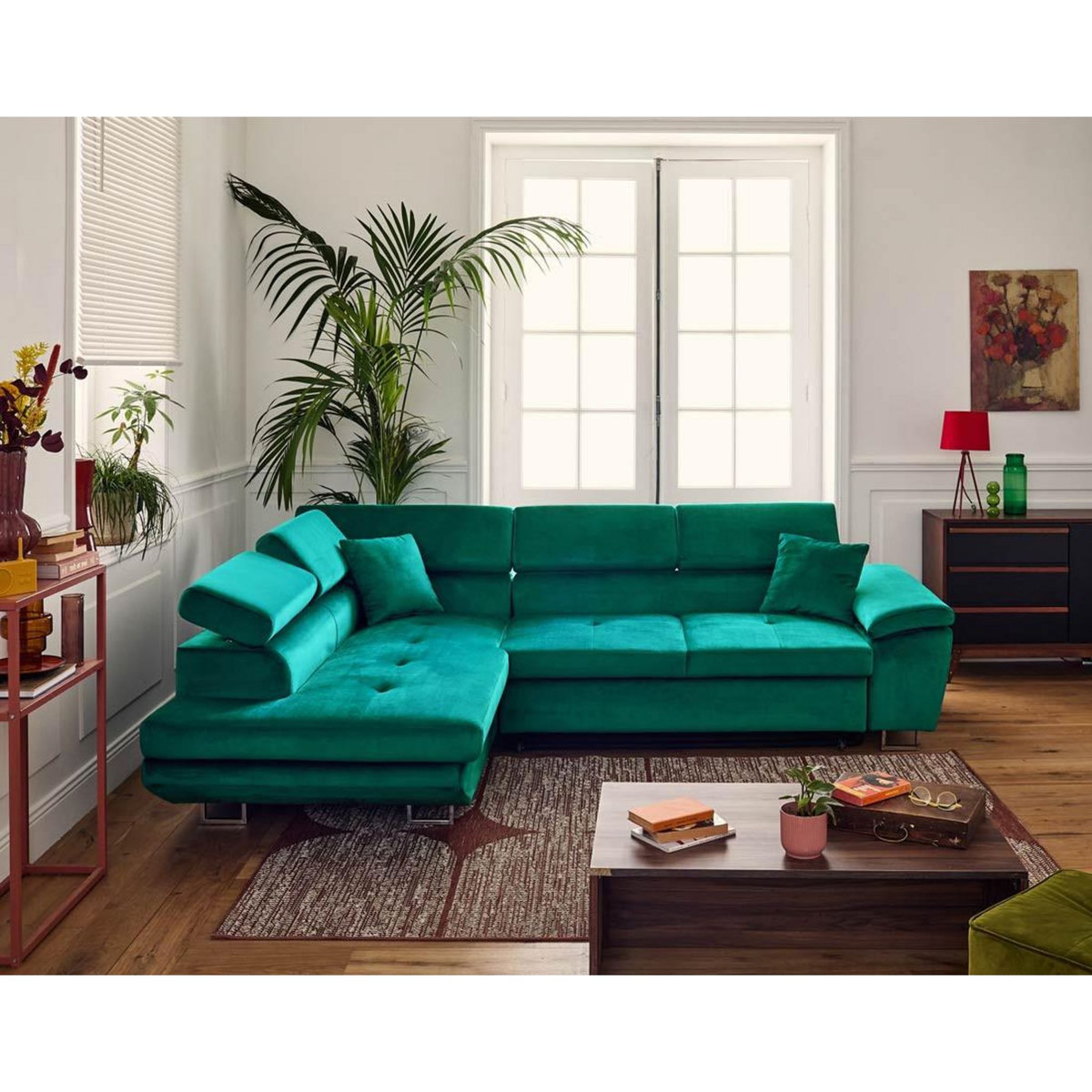 BEST MOBILIER Dimas - canapé d'angle gauche 5 places - convertible avec coffre et têtières réglables - en velours