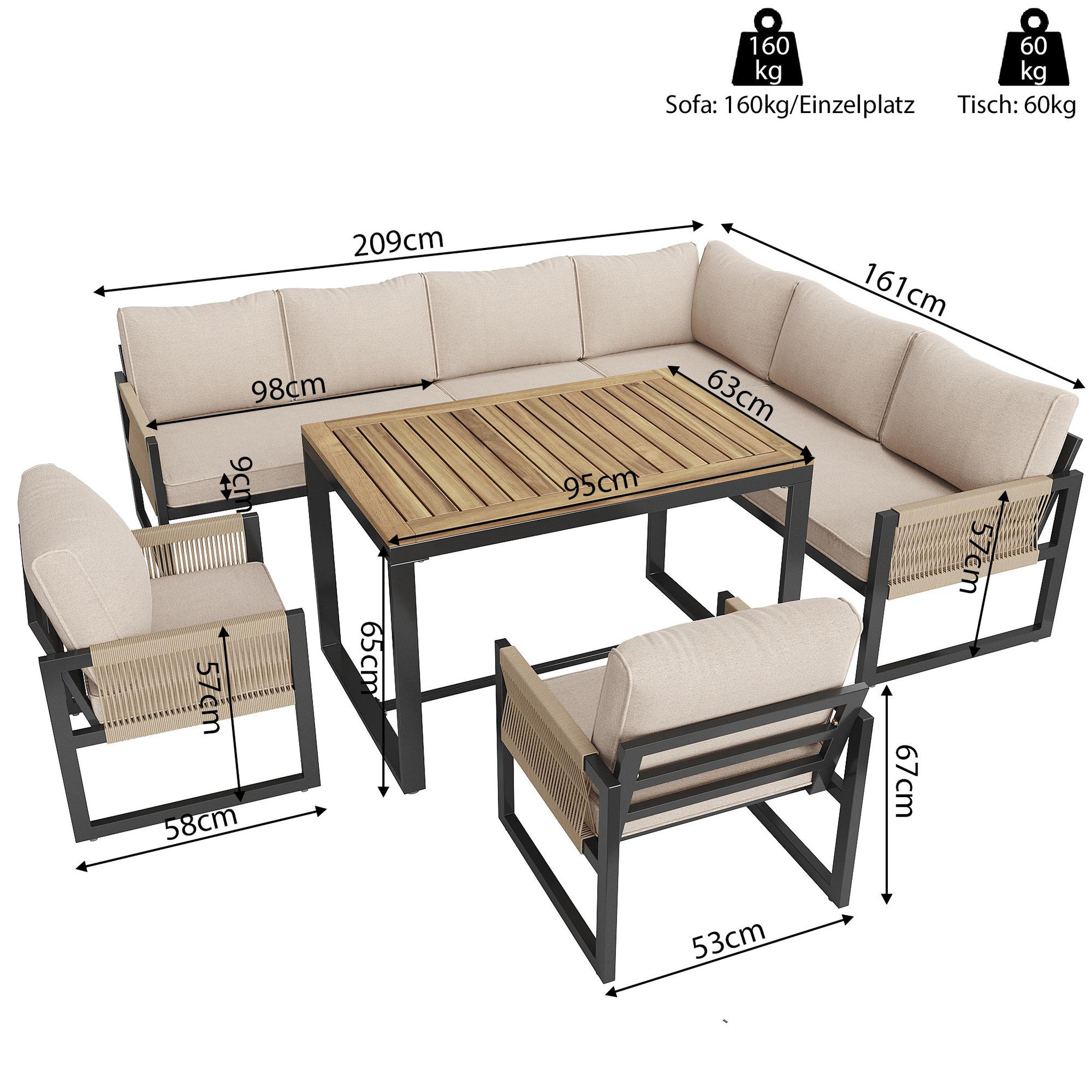Voir la diapositive 3 : MERAX Salon de jardin repas 8 places en rotin et métal avec canapé d'angle, 3 fauteuils et 1 table, beige