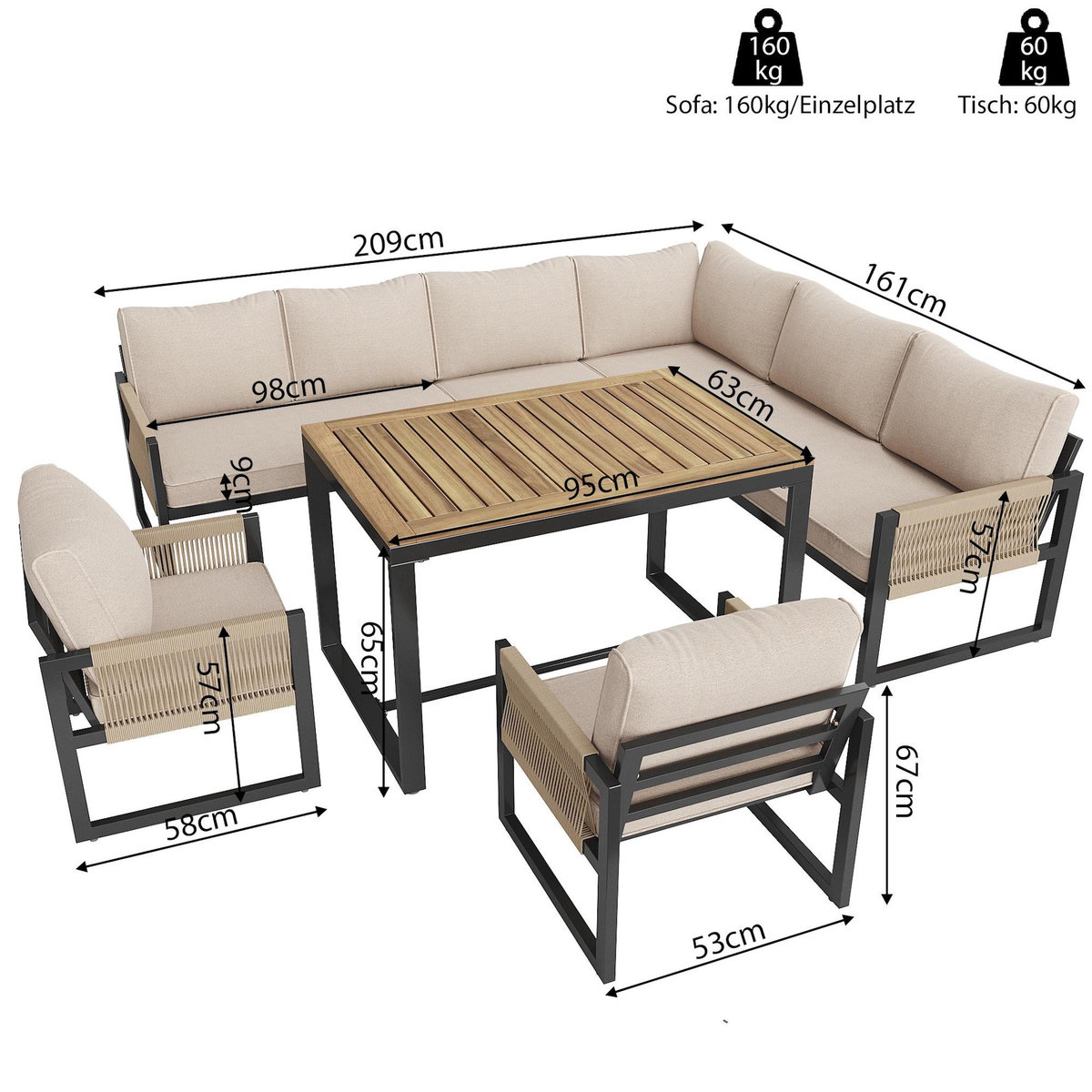 MERAX Salon de jardin repas 8 places en rotin et métal avec canapé d'angle, 3 fauteuils et 1 table, beige