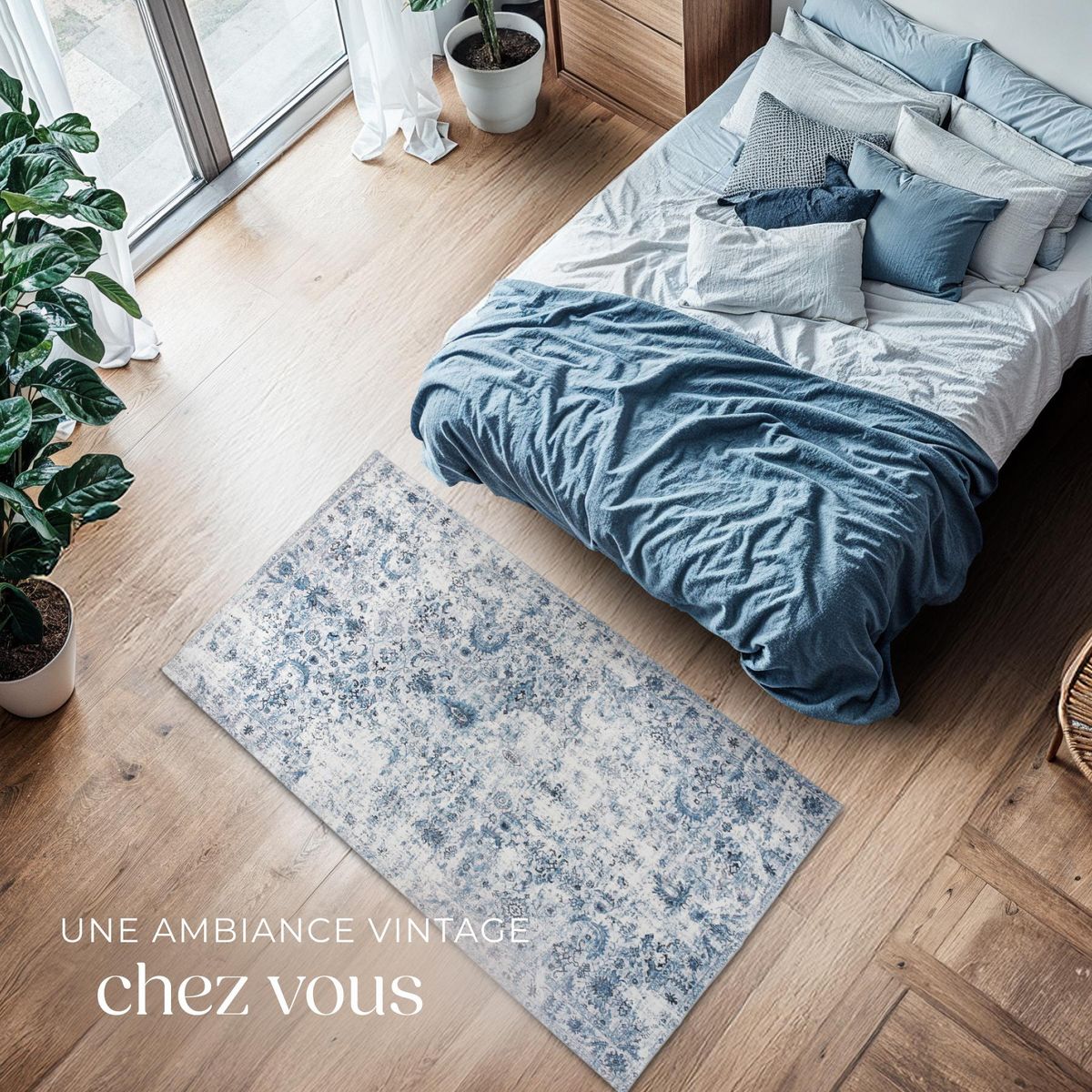 tectake Tapis vintage design à poils courts en laine synthétique et feutre bleu 80 x 150 cm