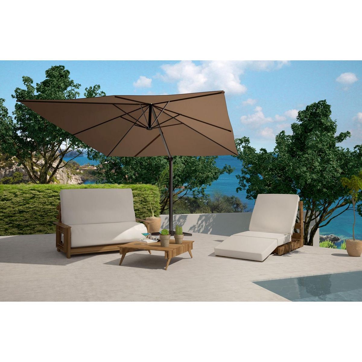 CONCEPT USINE Bundle parasol rectangulaire 3x4m déporté rotatif marron aluminium + housse CESARE