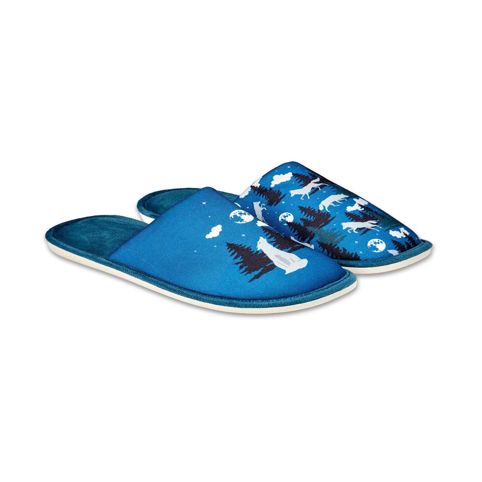 DEDOLES Pantoufles loup et lune. Coloris disponibles : Bleu