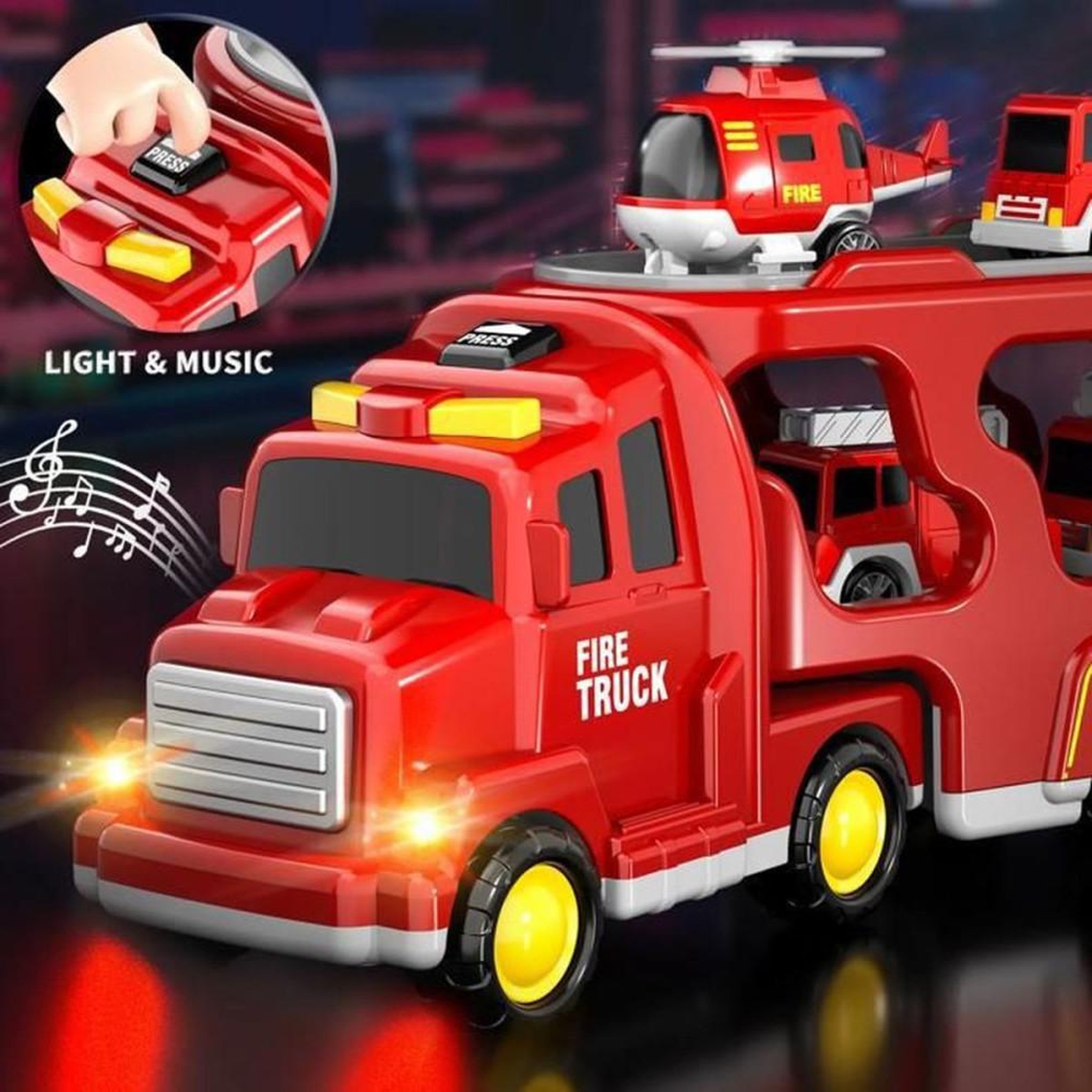 Voir la diapositive 5 : Camion de pompiers miniature 5 en 1, set avec 4 véhicules, sons et lumières, rouge, ABS sécurisé, pour jeu intérieur et extérieur