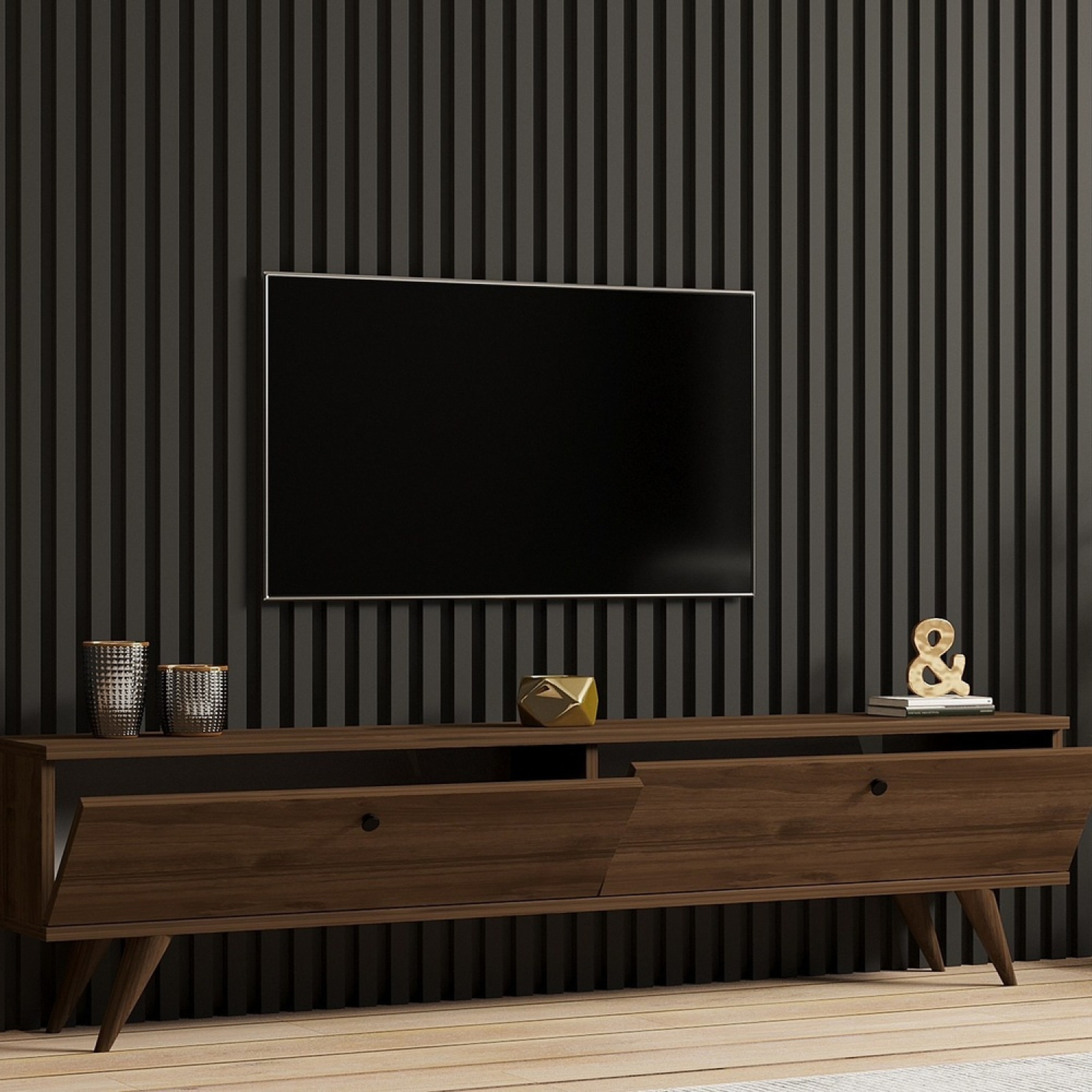 Voir la diapositive 4 : CONCEPT USINE Meuble tv 160cm avec deux placards noyer poly