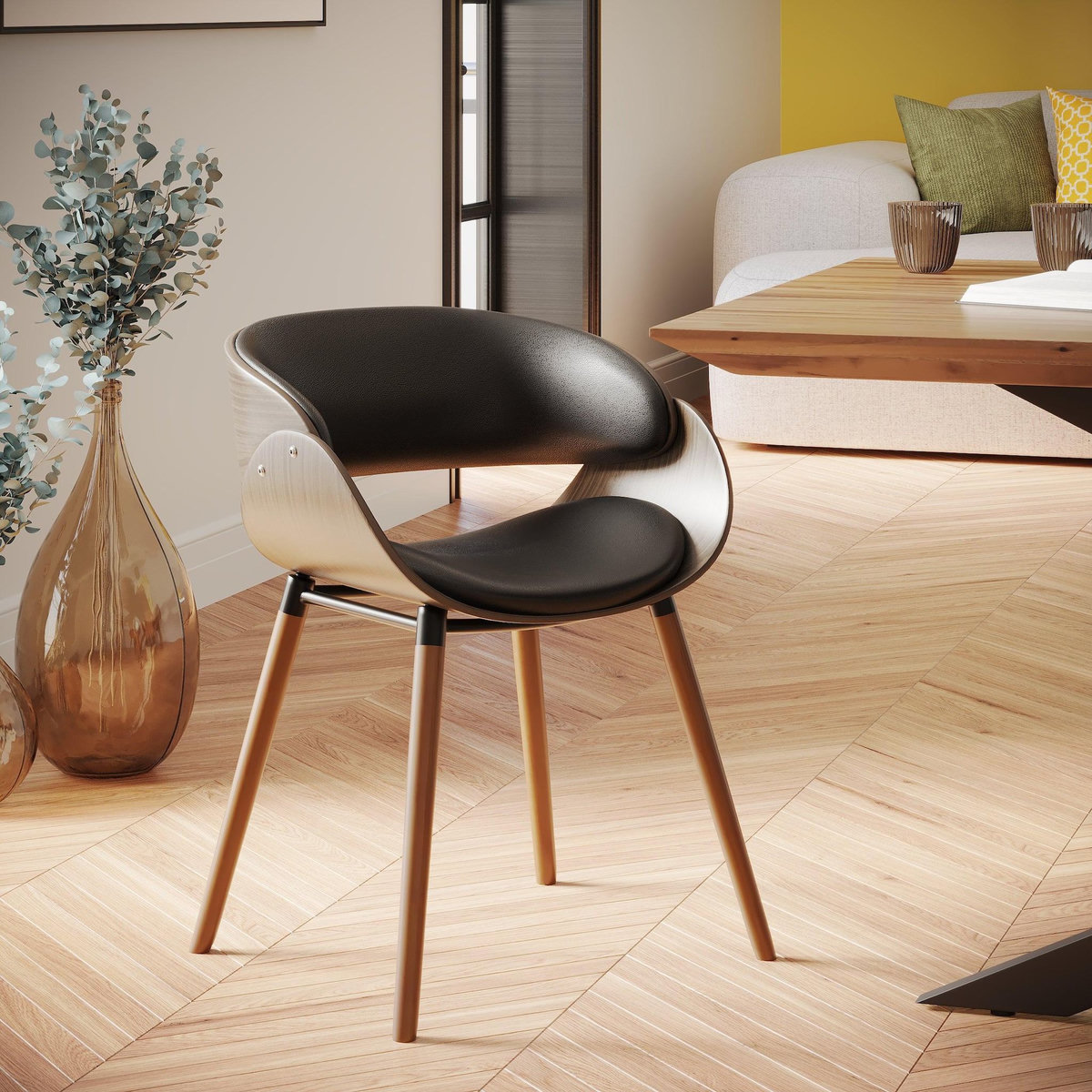 Rendez vous déco Chaise en cuir synthétique beige et bois plaqué noyer - Polo