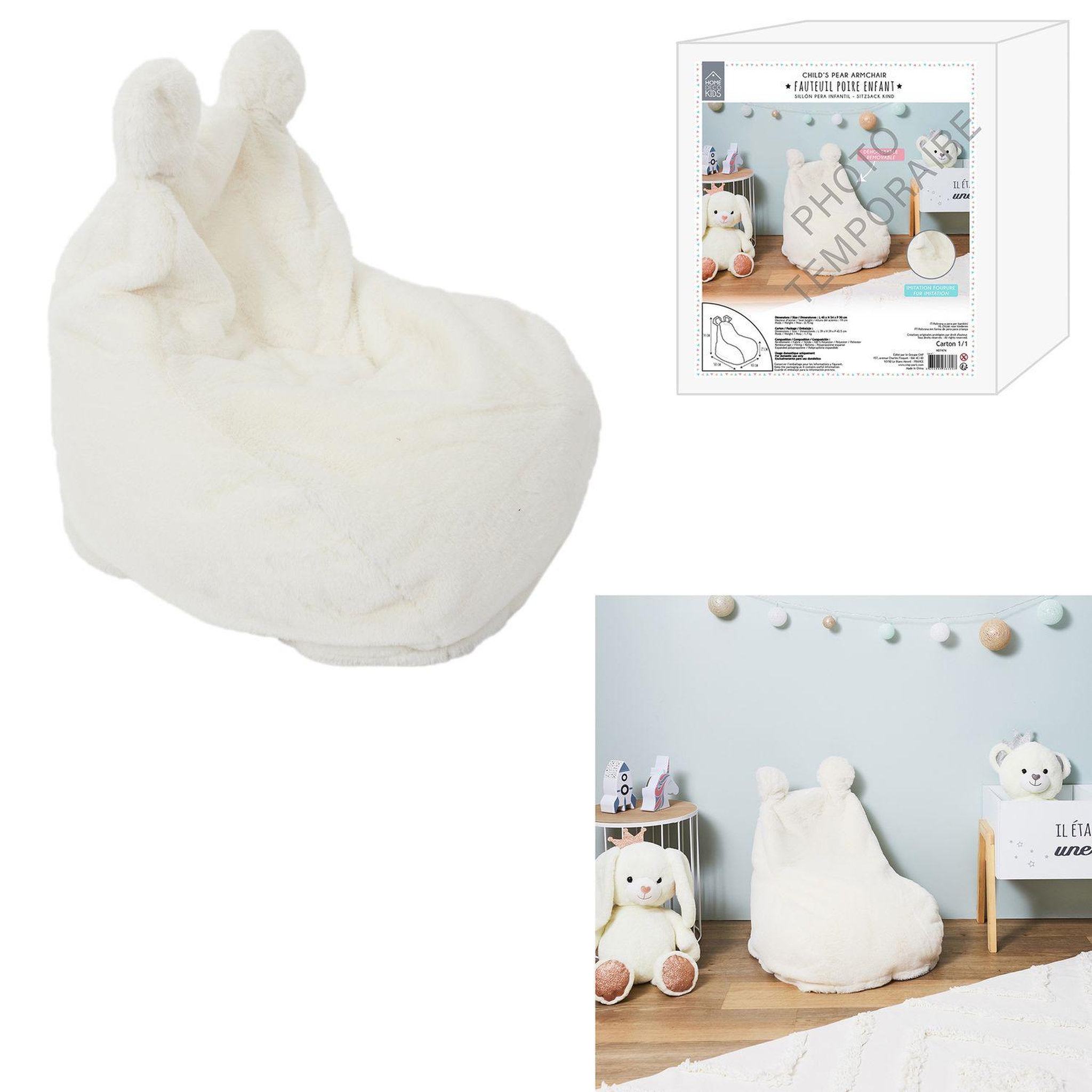 Voir la diapositive 3 : TOILINUX Fauteuil pour enfant en forme de poire imitiation fourrure - Blanc