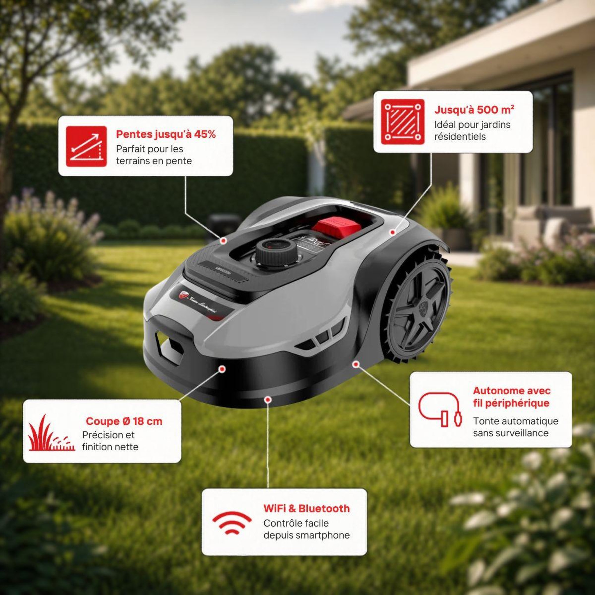 Voir la diapositive 2 : BY TONINO LAMBORGHINI GARDEN MACHINERY Robot tondeuse sans fil 500m2 installation facile 3 lames mulching coupe ø18cm 45% retour à la base autonome lamborghini