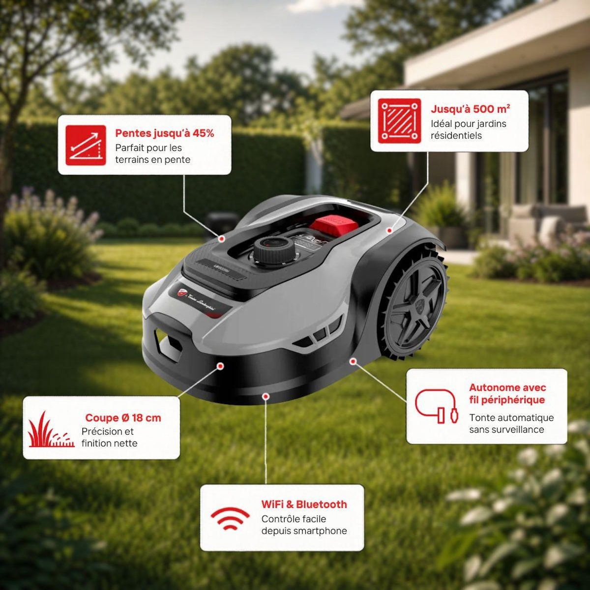 BY TONINO LAMBORGHINI GARDEN MACHINERY Robot Tondeuse Autonome Coupe Ø18cm Surfaces 500m2 Pente 45% Recharge Automatique Controle facile sur Smartphone LAMBORGHINI