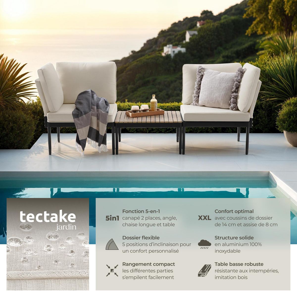 tectake Ensemble de salon de jardin 5-en-1 avec dossier réglable sur 5 positions anthracite/gris