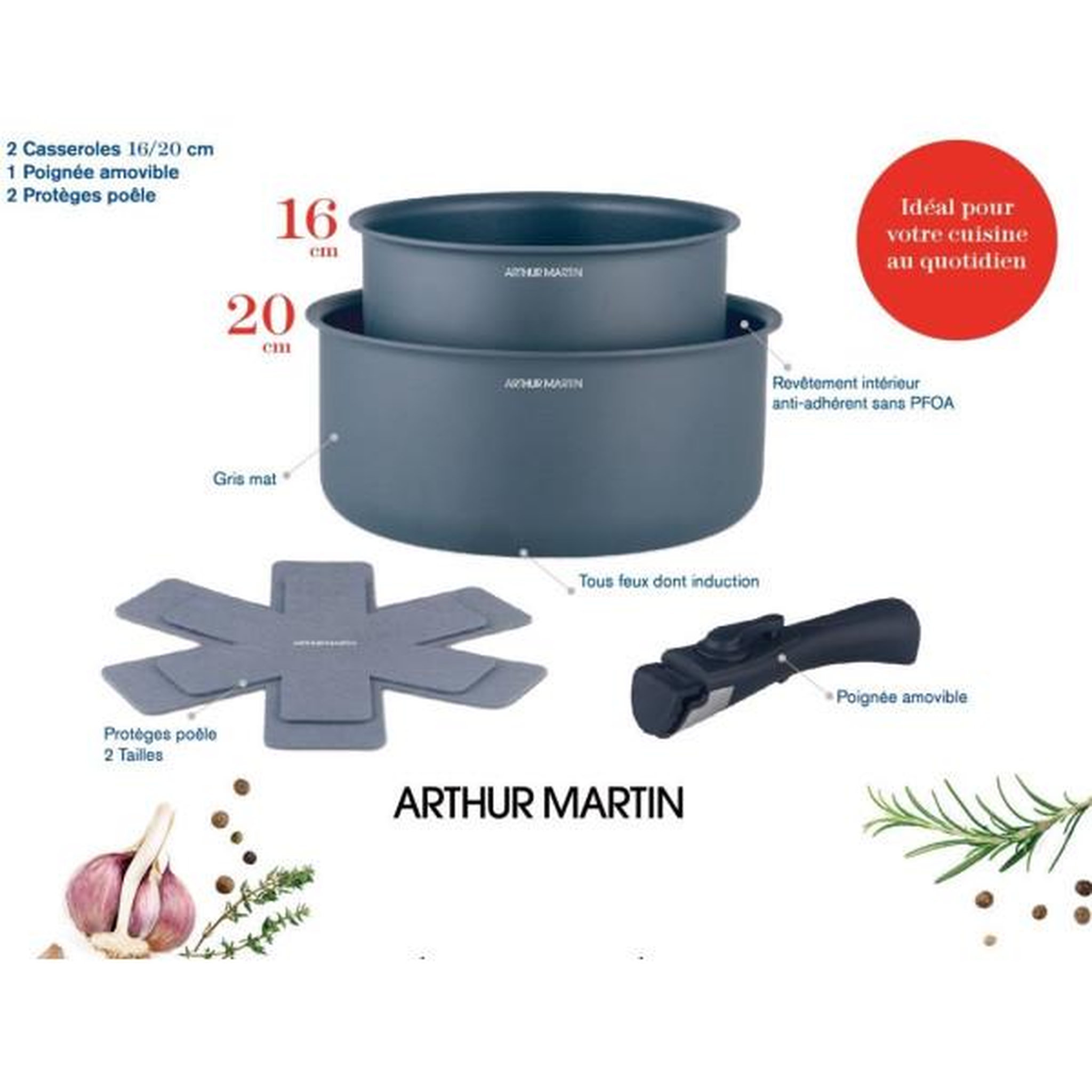 Voir la diapositive 2 : Arthur Martin Set de 2 casseroles - Tous feux dont induction - ARTHUR MARTIN - AM2984 - Anti-adhésif - Ø 16-20 cm + Poignée amovible - Gris