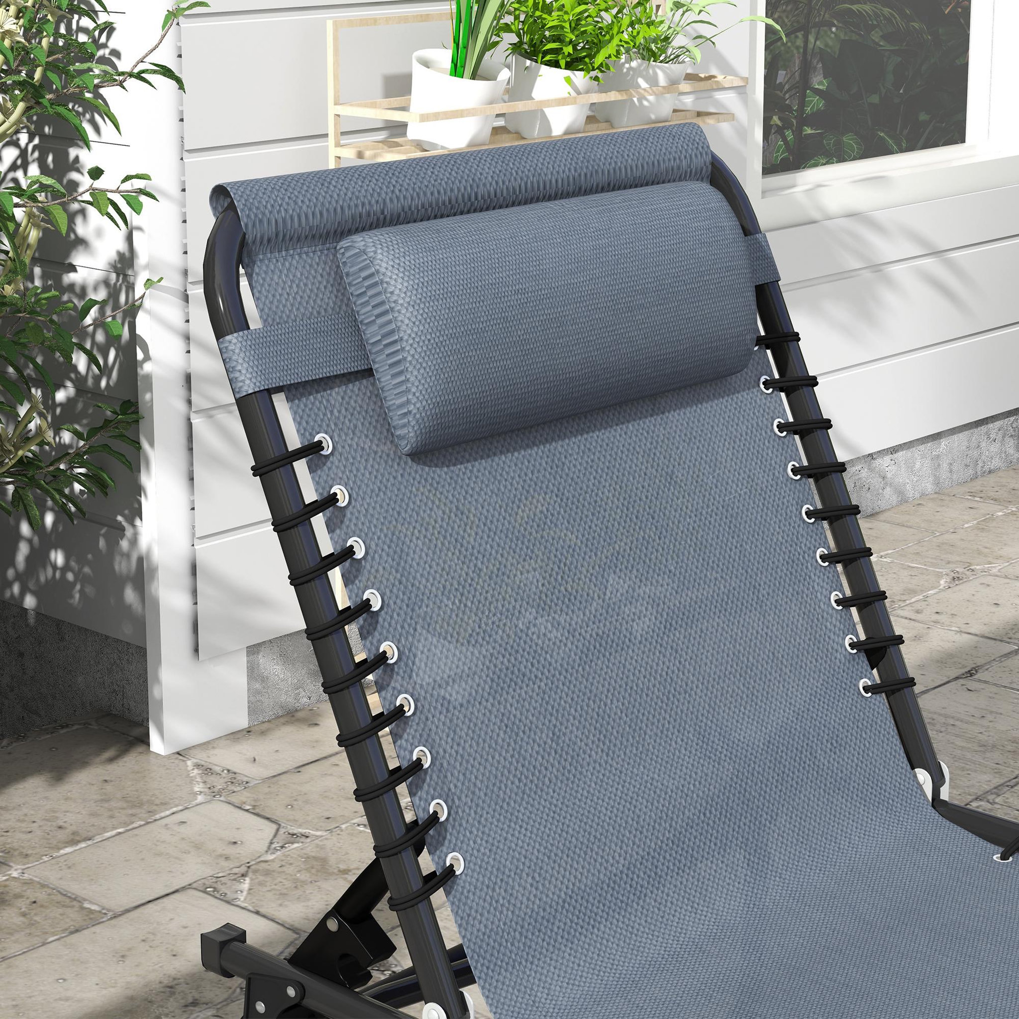 Voir la diapositive 6 : OUTSUNNY Lot de 2 bains de soleil transats pliables inclinables acier lacets élastiques noir textilène gris