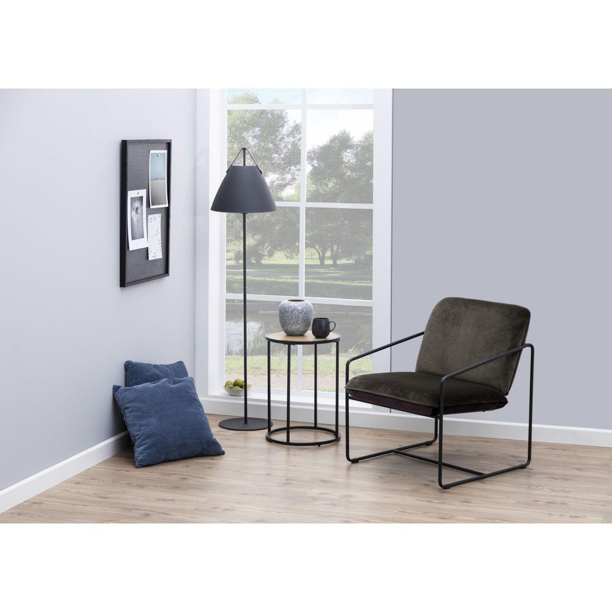 TOILINUX Table d'appoint ou bout de canapé rond en MDF et métal diam.40cm - Beige et Noir