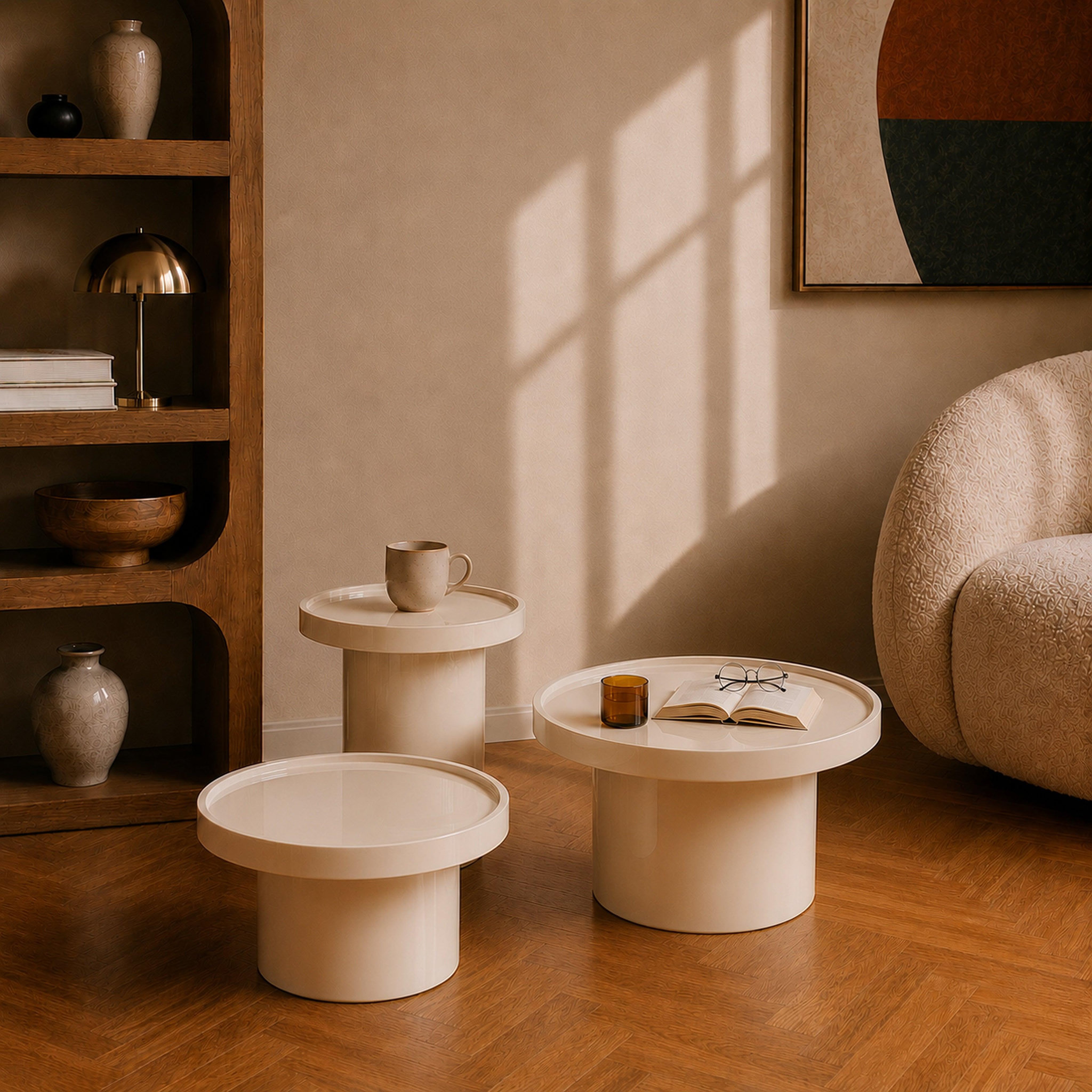 Voir la diapositive 2 : MAISON PAVANE Lot de 3 tables basses laquées blanches en mdf -nora