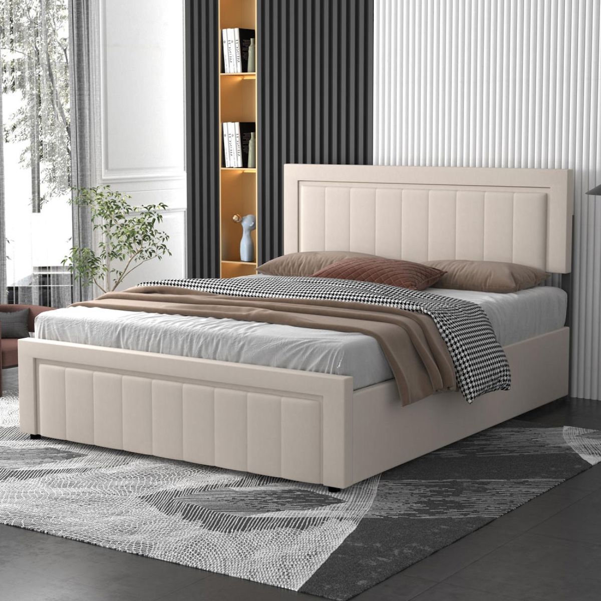 CONCEPT USINE Lit contemporain avec coffre de rangement 140x190cm en velours beige NASHVILLE