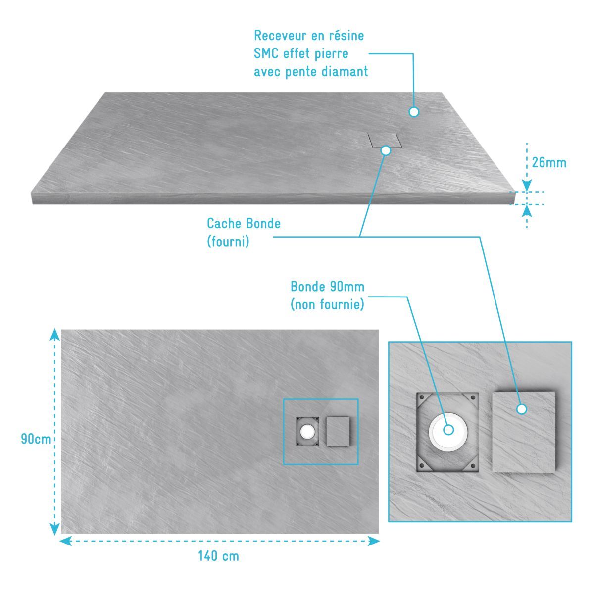 Receveur pour douche à l'italienne extra plat aspect ardoise gris 90x140 cm - STONE 2