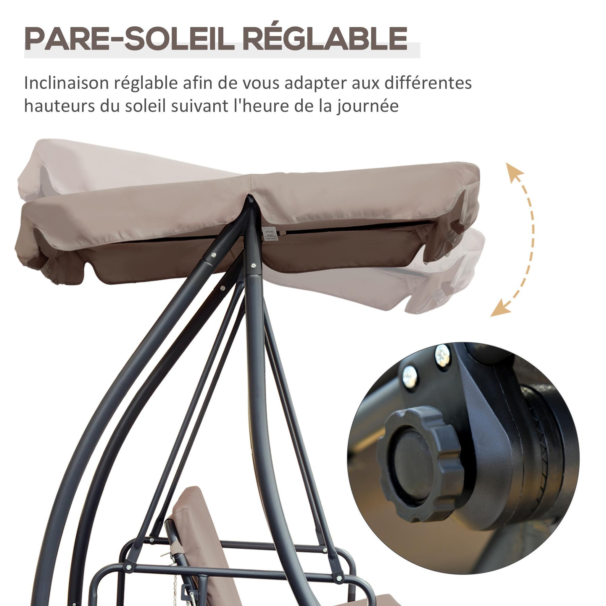 Voir la diapositive 4 : OUTSUNNY Balancelle de jardin convertible 3 places grand confort inclinaison toit réglable matelas fourni 2L x 1,25l x 1,7H m métal polyester noir et beige