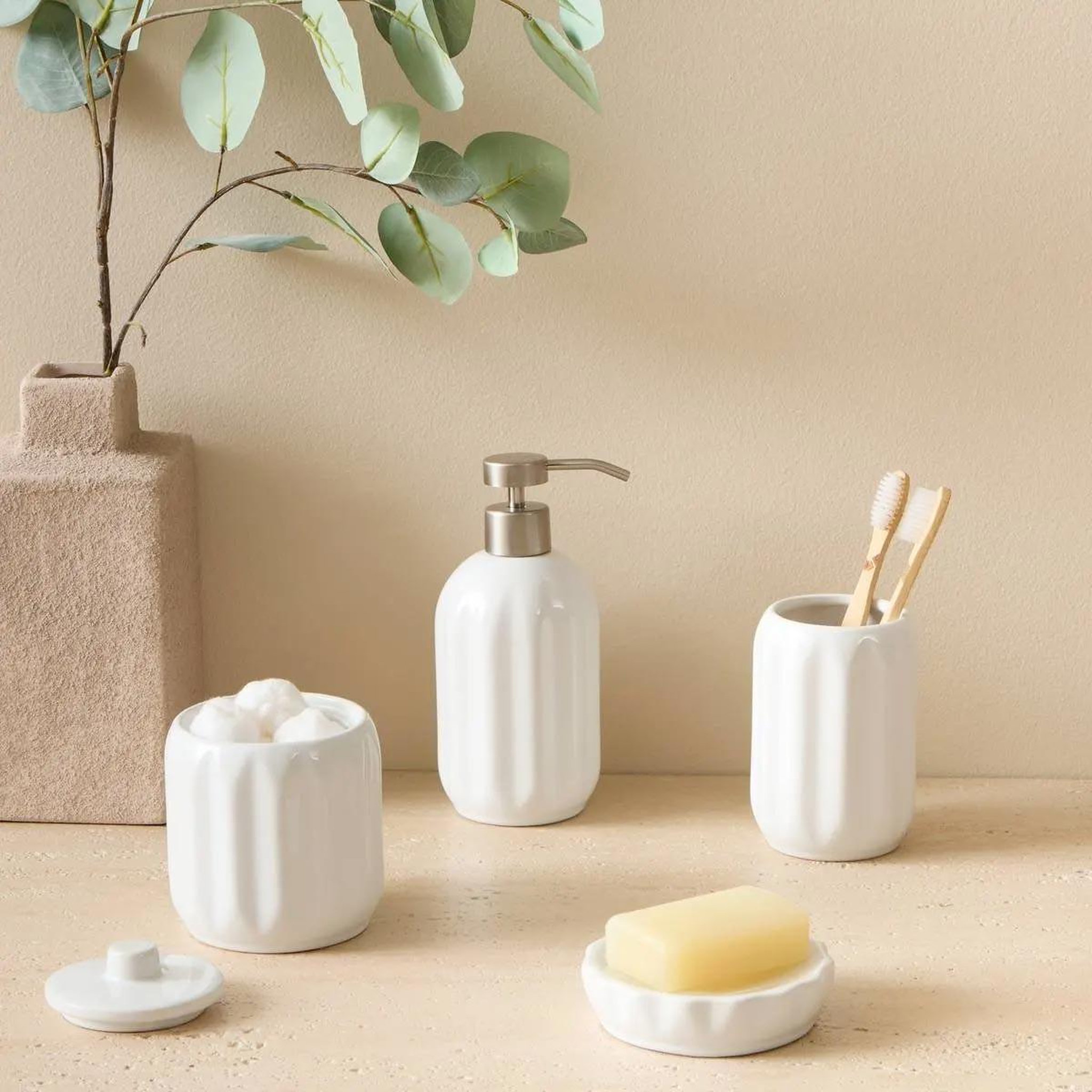 Voir la diapositive 2 : FIVE Distributeur de savon en grès  suny colorama  450ml blanc