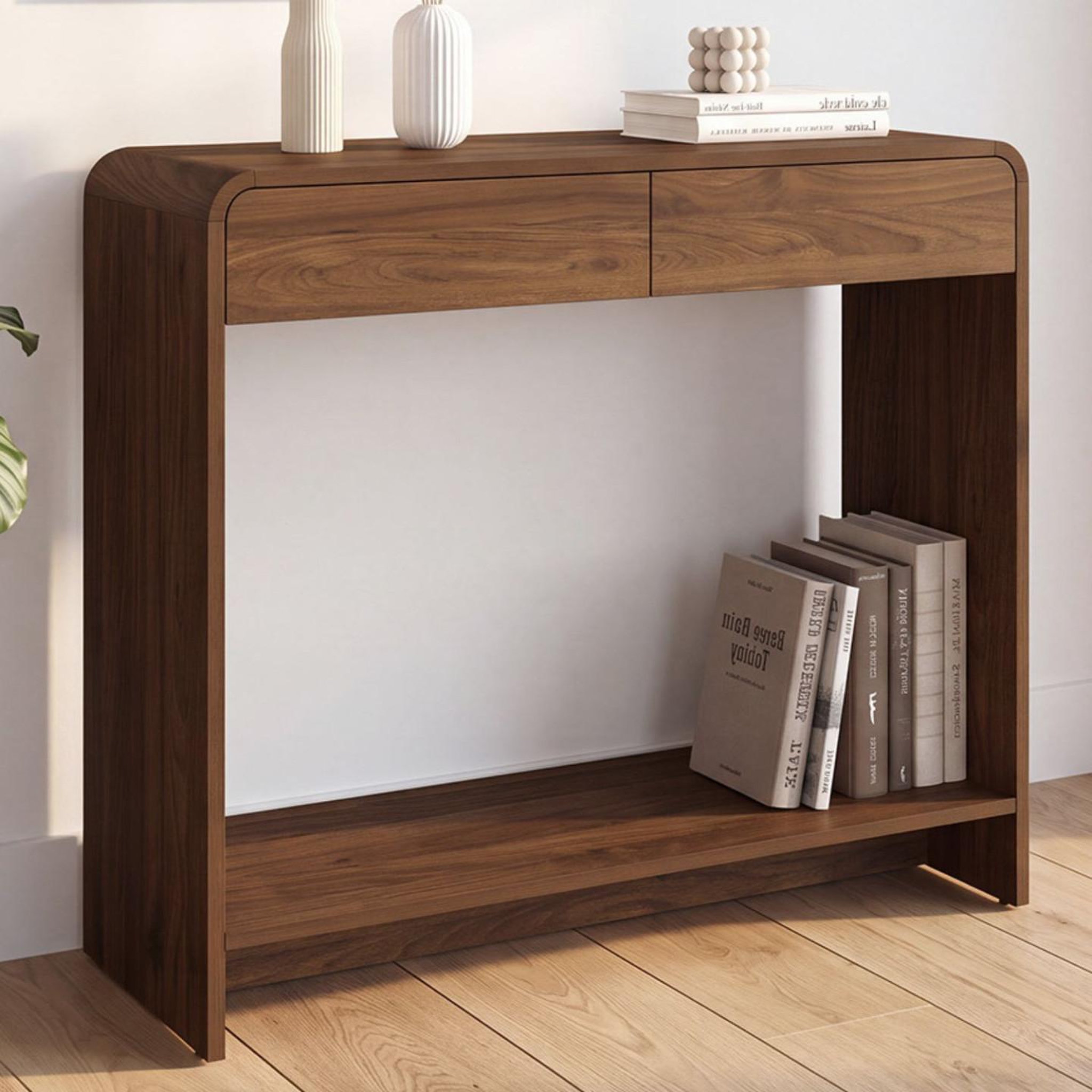 Voir la diapositive 2 : ID MARKET Console 2 tiroirs CAPUCINE effet noyer design arrondi