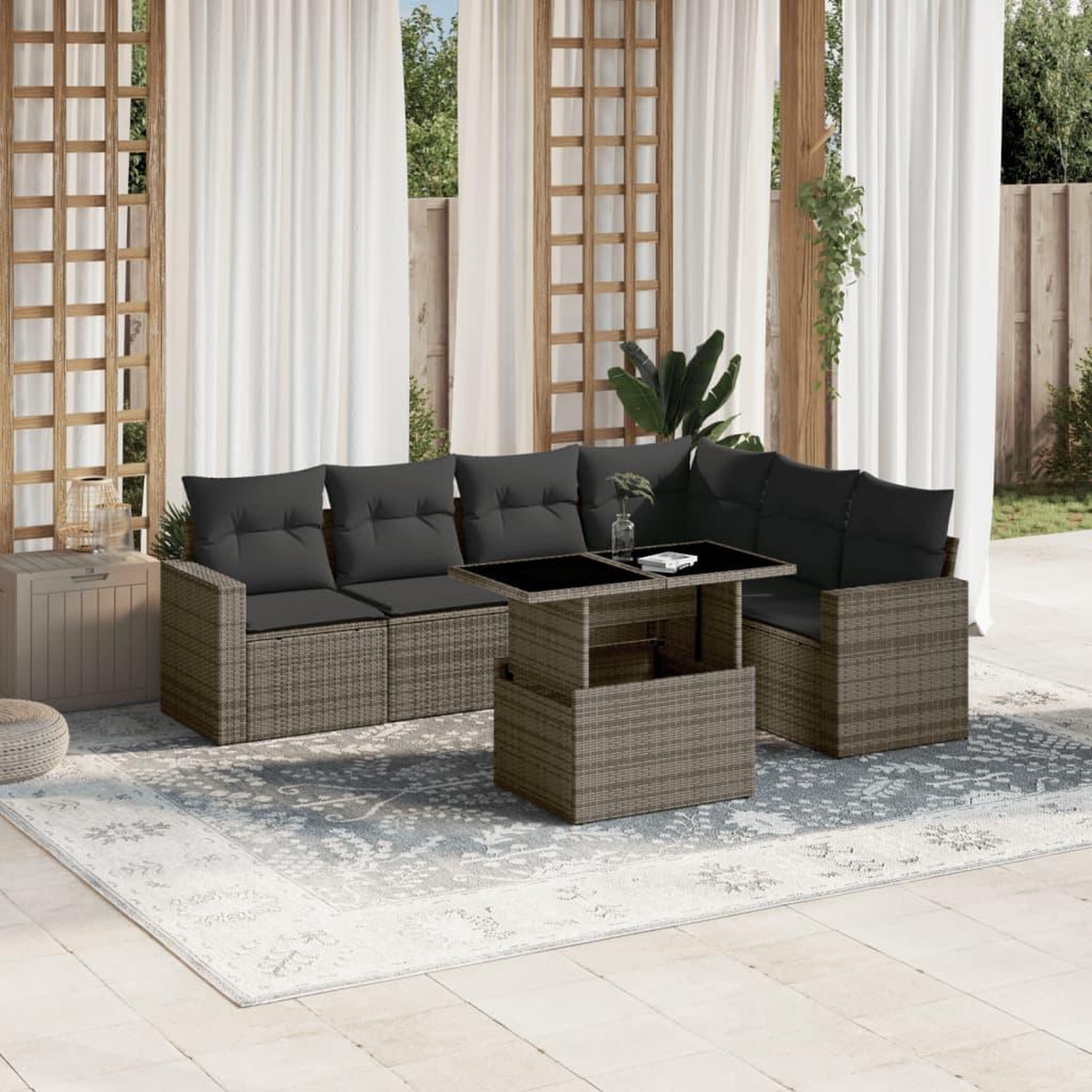 VIDAXL Salon de jardin avec coussins 7 pcs gris resine tressee