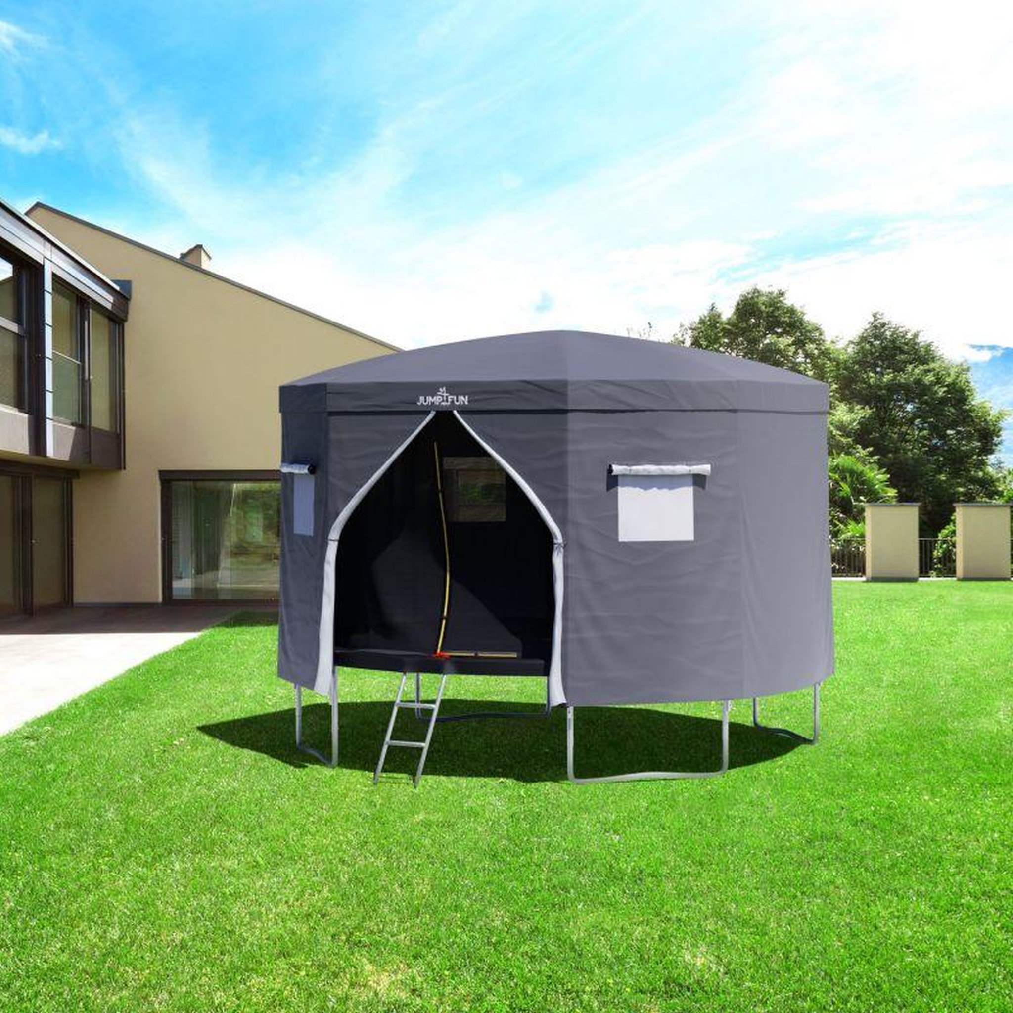 Voir la diapositive 2 : JUMP4FUN Tente cabane pour trampoline 12FT-366cm - Gris