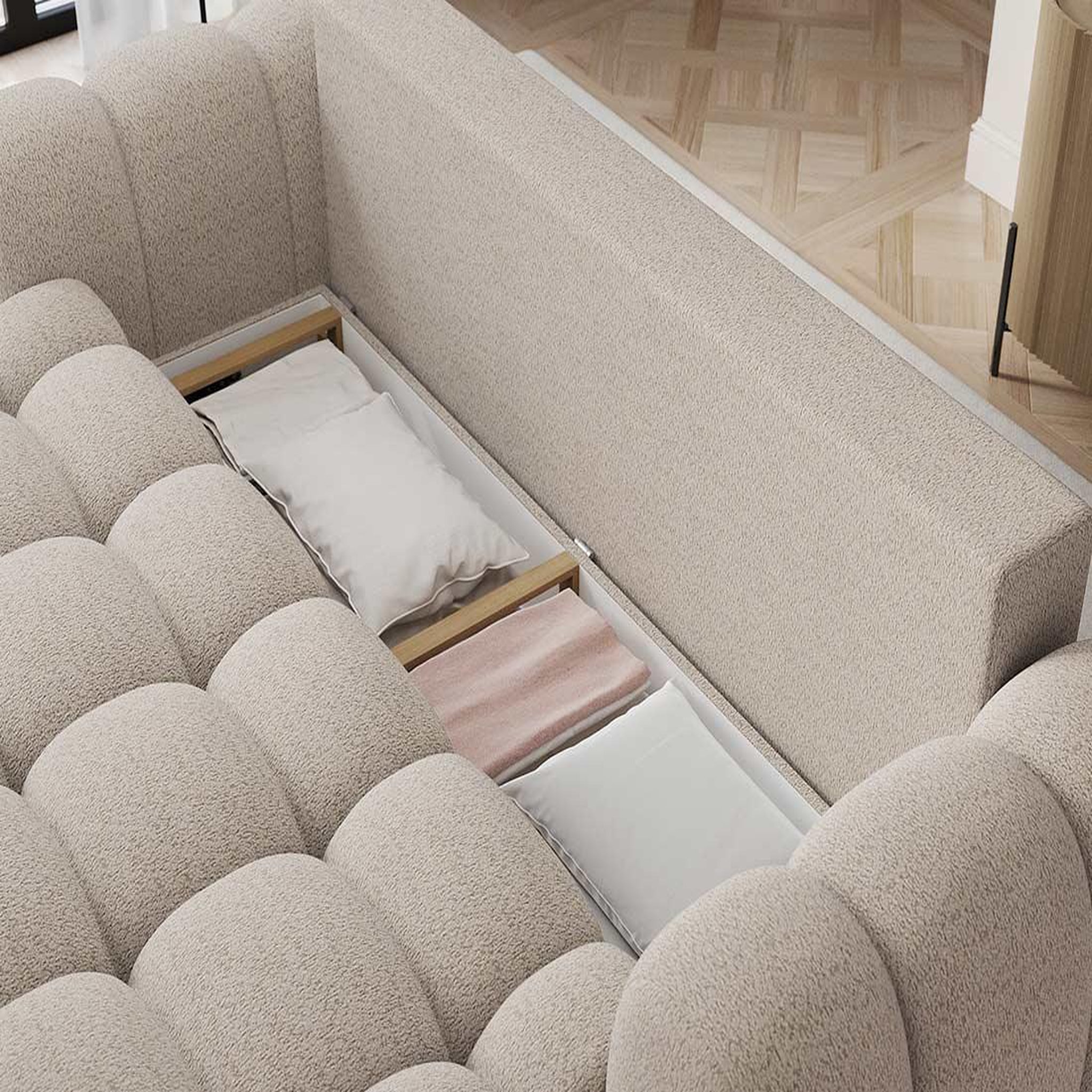 Voir la diapositive 3 : BEST MOBILIER Dorian - canapé droit 3 places convertible avec coffre en tissu bouclette