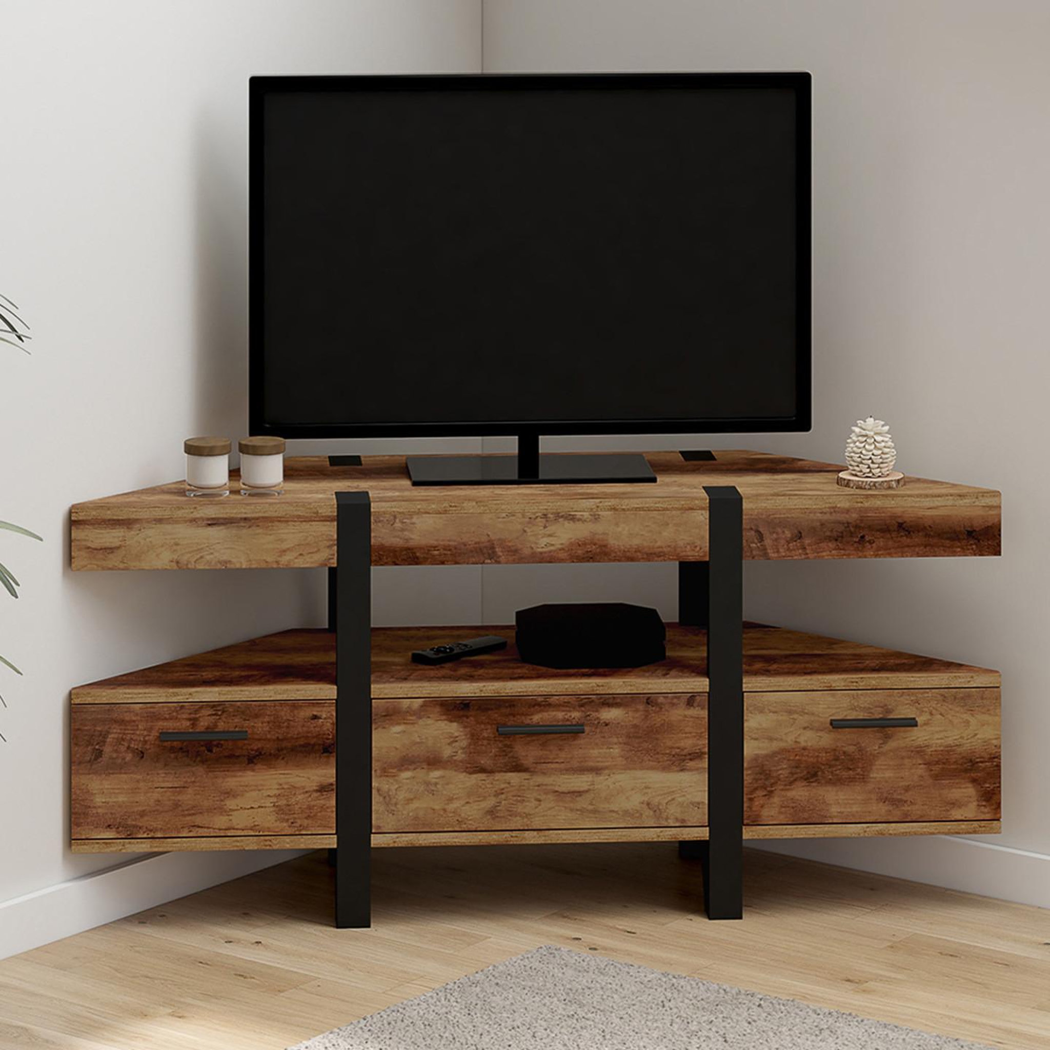 Voir la diapositive 2 : ID MARKET Meuble tv 110 cm d'angle austria bois pied épingle avec tiroirs