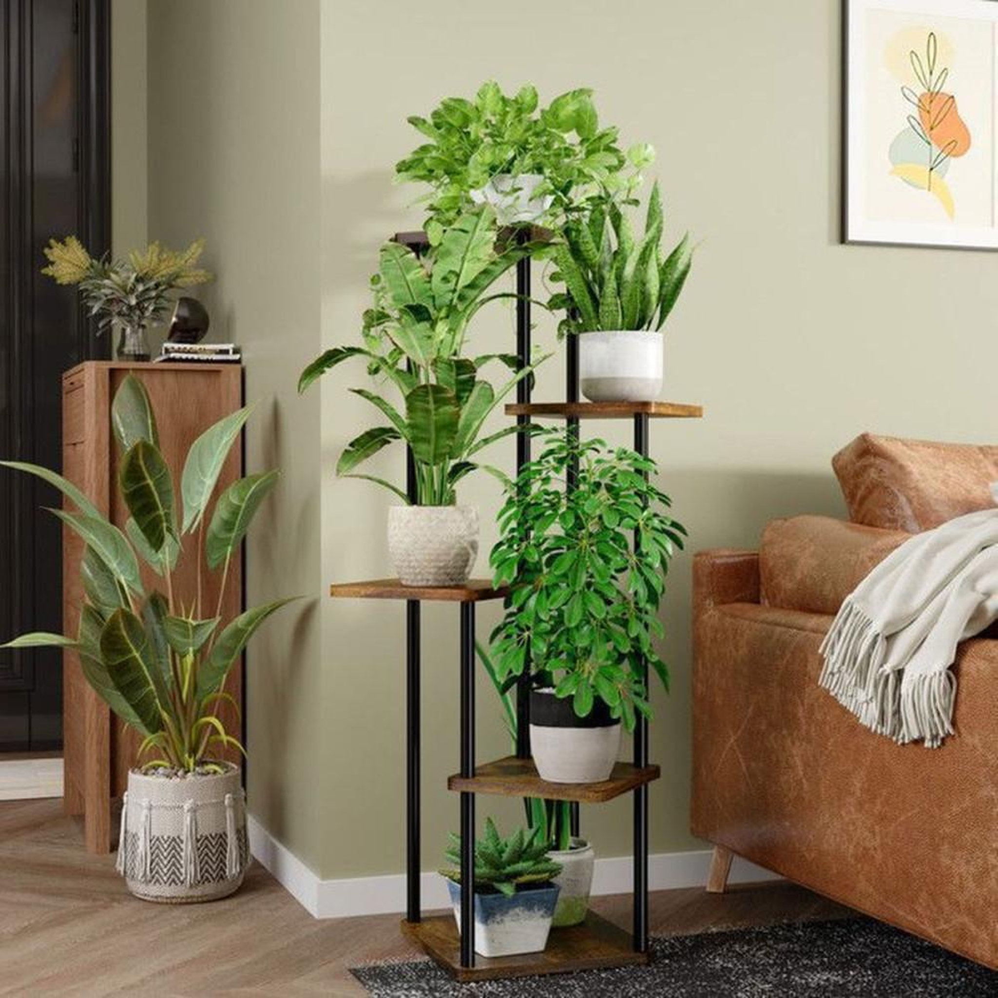 Voir la diapositive 4 : Présentoir à plantes 5 niveaux métal et MDF brun 30 x 30 cm, hauteur 106,7 cm, cadre noir, pour intérieur