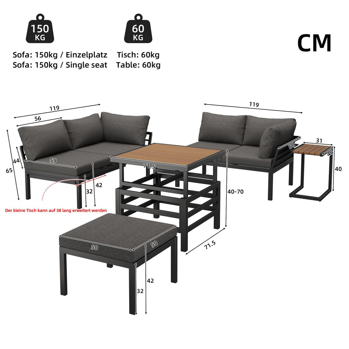 MERAX Salon de jardin 4 places en fer avec 2 canapés pouf, table extensible, coussins mousse HD, gris