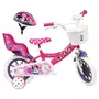 Disney Minnie Vélo 12  Fille Licence  Minnie  + Casque pour enfant de 85/100 cm  avec stabilisateurs à molettes - 1 frein - Panier avant - Porte poupée arrière