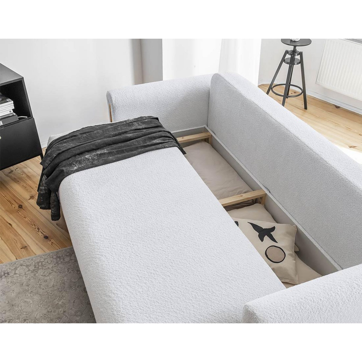 BEST MOBILIER Glendale - canapé droit 3 places - convertible avec coffre - en tissu bouclette