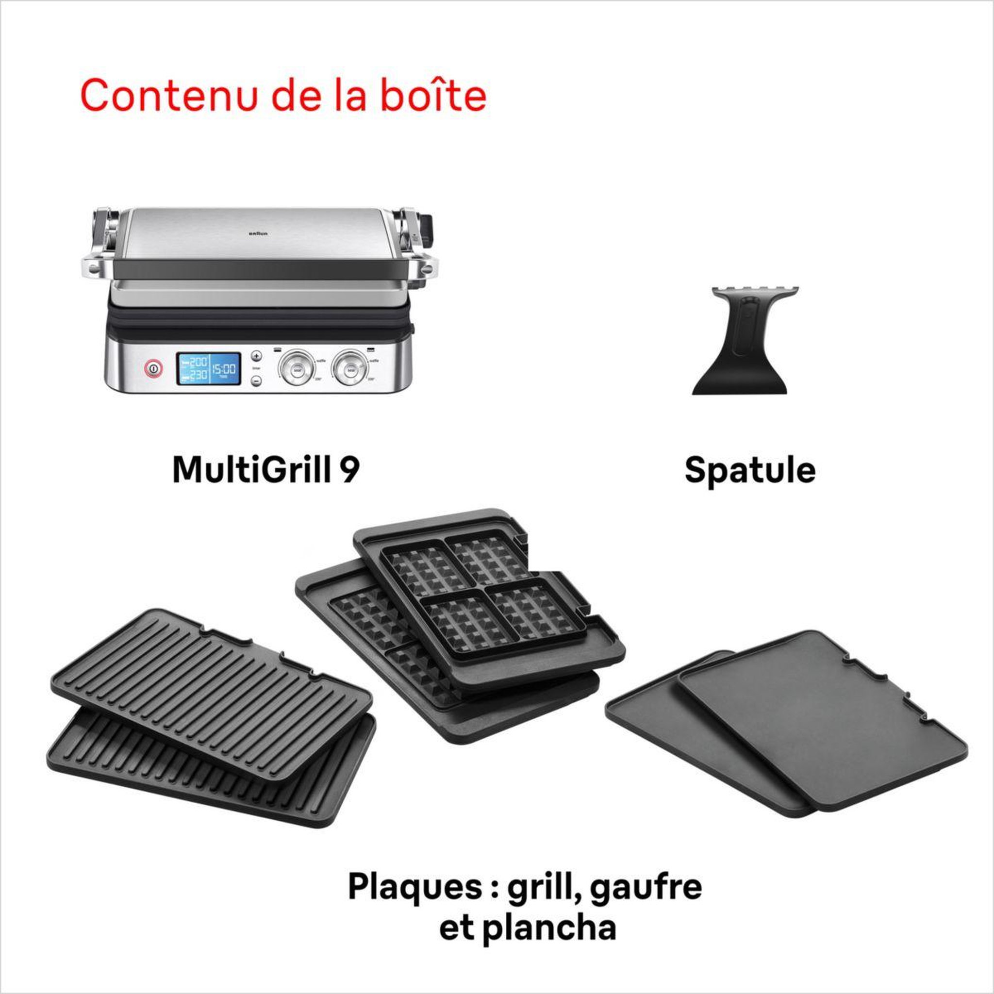 Voir la diapositive 2 : BRAUN Grille-viande CG9047 inox 3 jeux de plaques amovibles, 37x23 cm