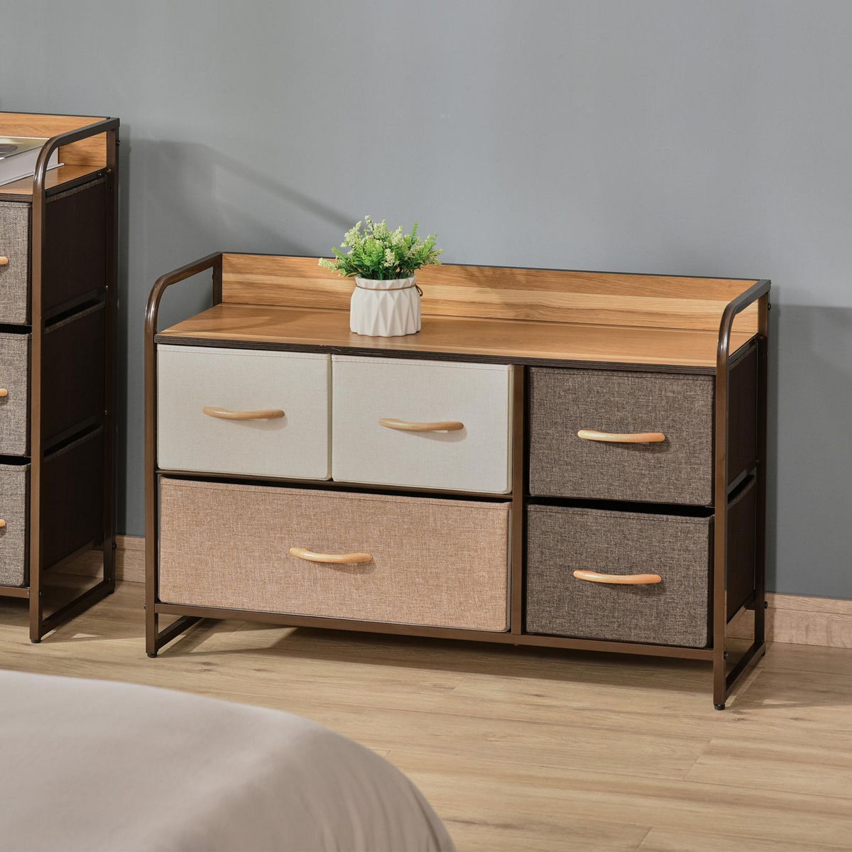 HOMCOM Commode meuble de rangement 5 tiroirs en tissu 87,5 x 29 x 58 cm Marron et beige