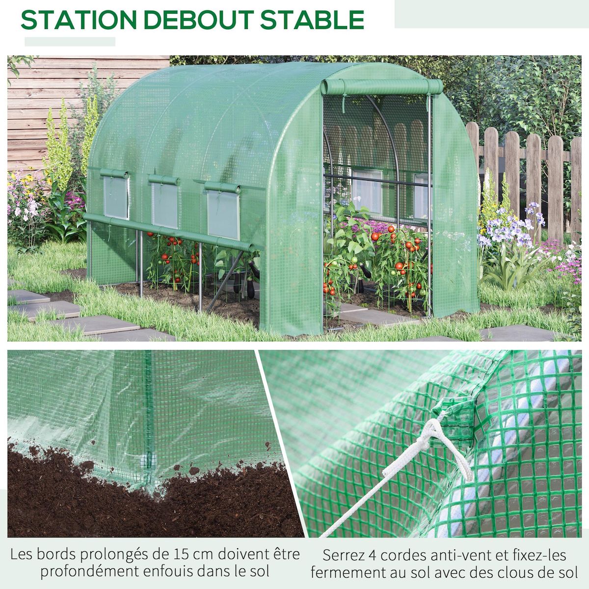 OUTSUNNY Serre de jardin tunnel 6 m² 6 fenêtres porte zippée acier galvanisé PE vert