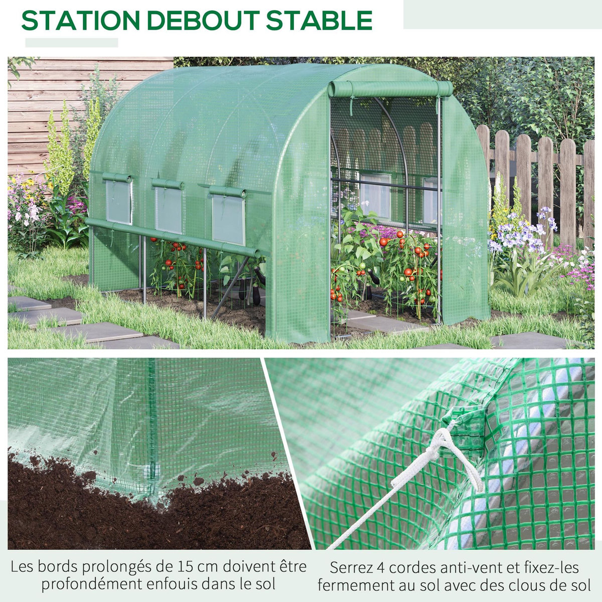OUTSUNNY Serre de jardin tunnel 6 m² 6 fenêtres porte zippée acier galvanisé PE vert