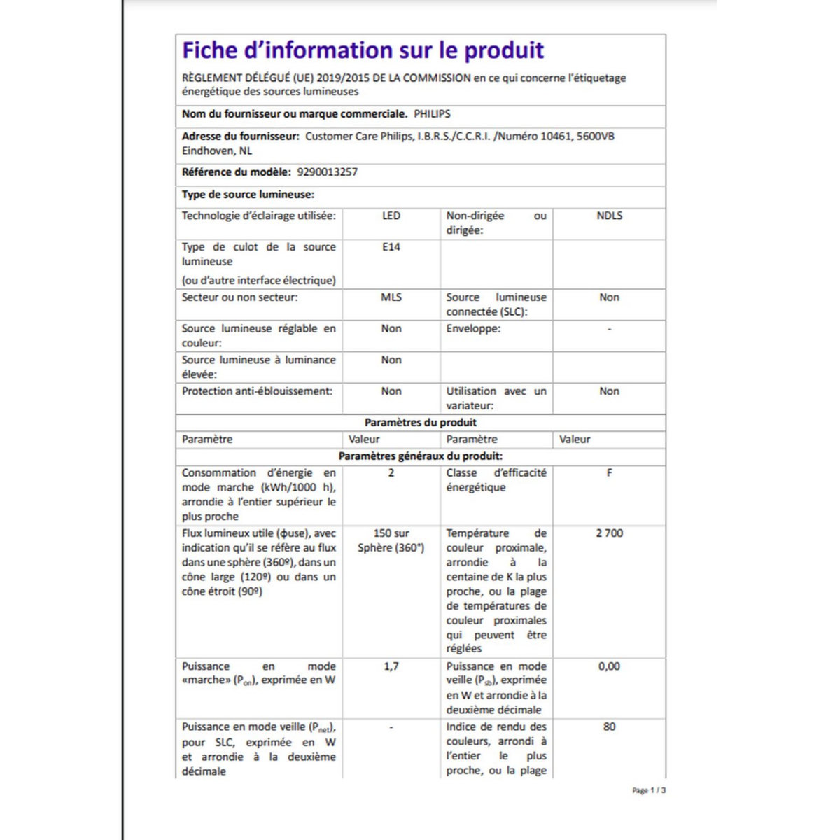 PHILIPS Ampoules incandescentes E14 réfrigérateur 15w x2