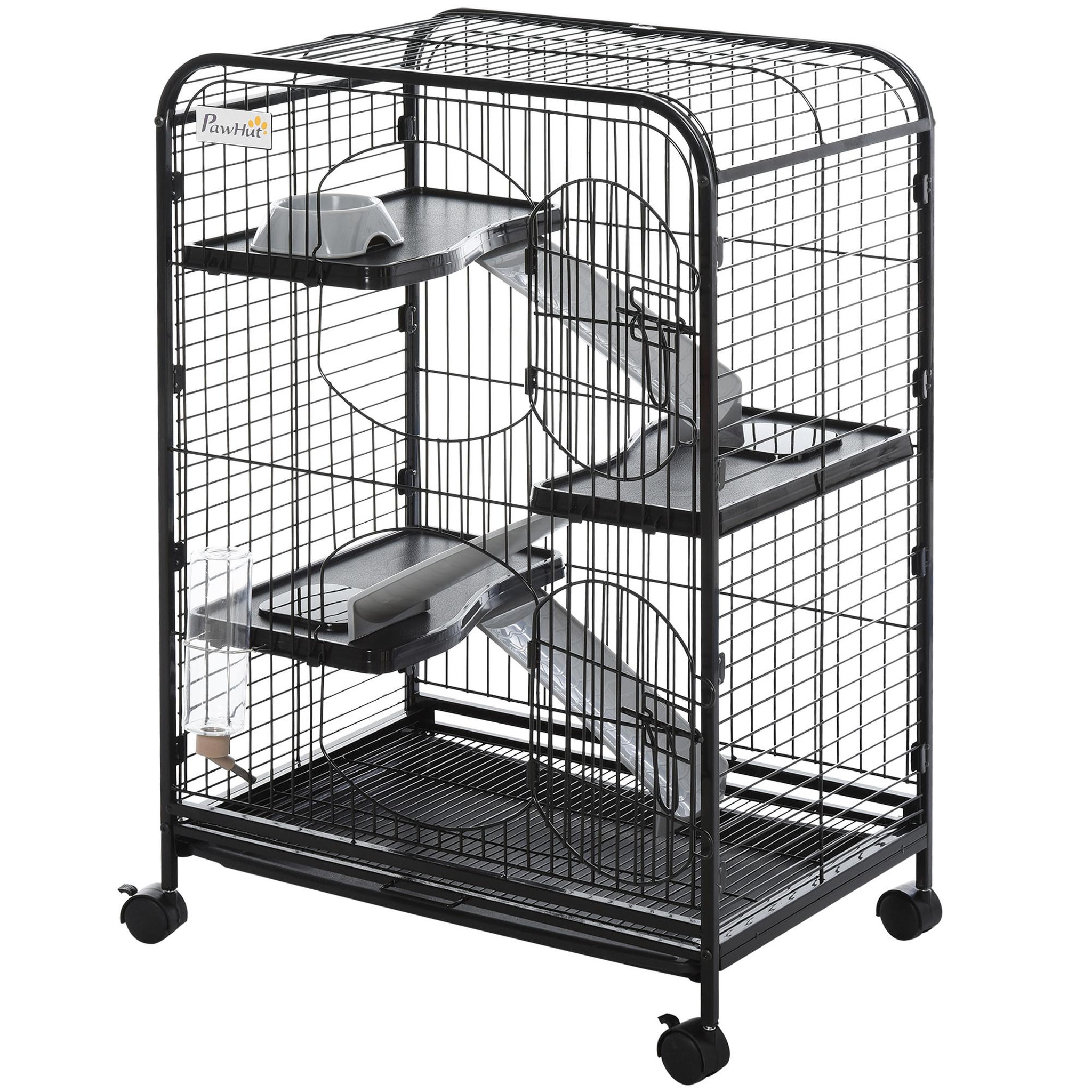 Voir la diapositive 4 : PAWHUT PawHut Cage pour Petits Animaux Roulante 3 Rampes 3 Plates-formes Plat et Bouteille d'Eau Bac Inférieur Amovible Acier PP Noire