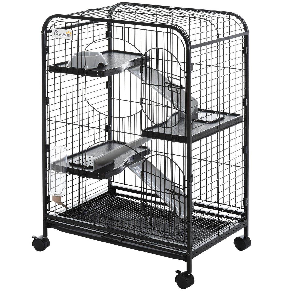 PAWHUT PawHut Cage pour Petits Animaux Roulante 3 Rampes 3 Plates-formes Plat et Bouteille d'Eau Bac Inférieur Amovible Acier PP Noire