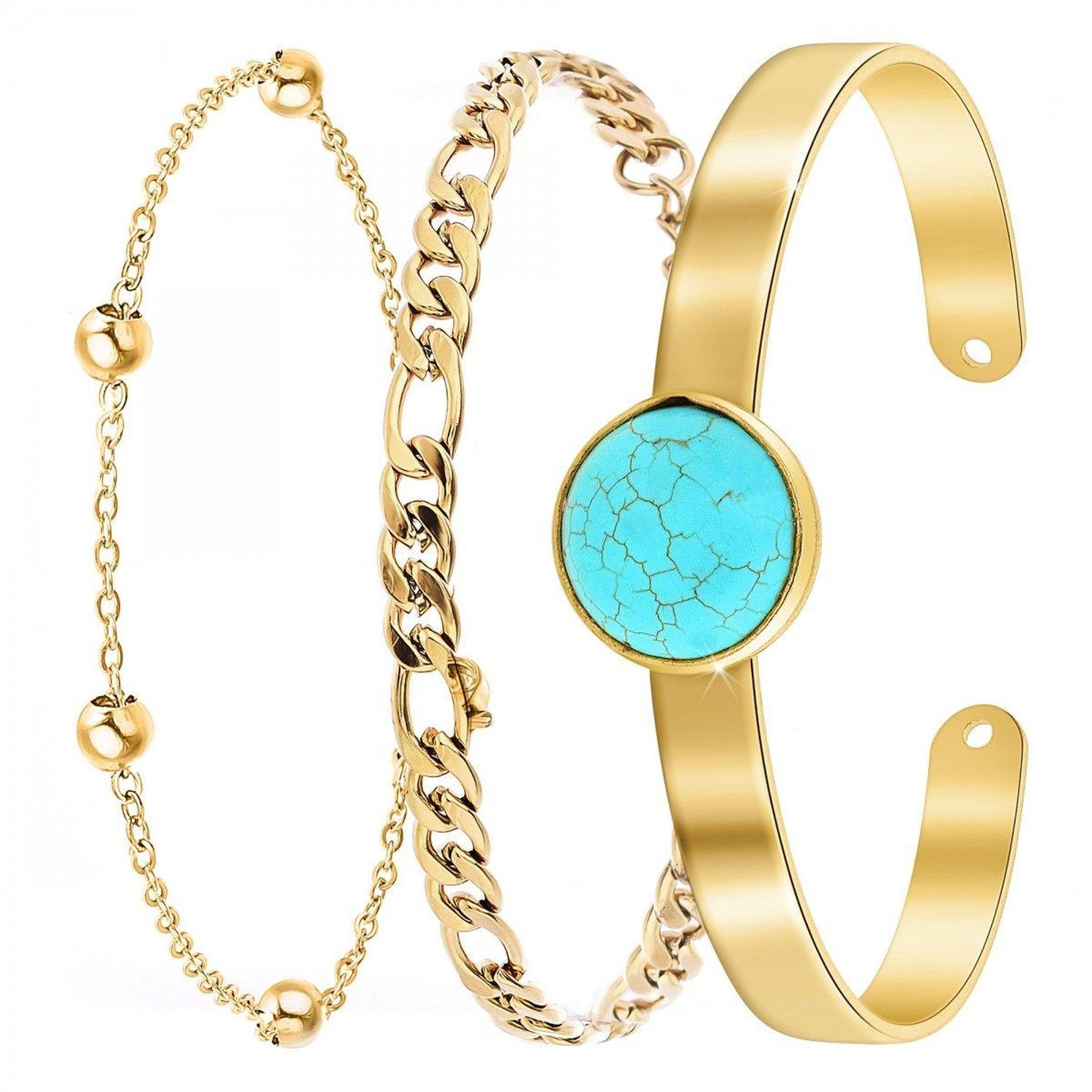 SC BOHEME Lot de 3 bracelets SC Bohème en Laiton Finement doré orné d'une pierre naturelle Turquoise