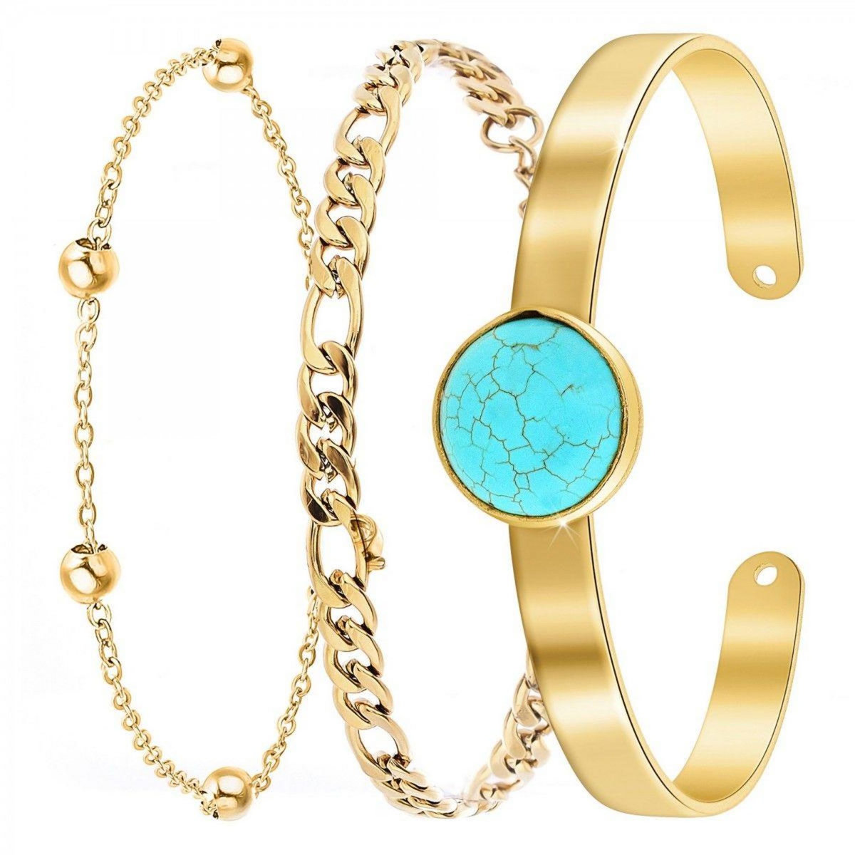 SC BOHEME Lot de 3 bracelets SC Bohème en Laiton Finement doré orné d'une pierre naturelle Turquoise