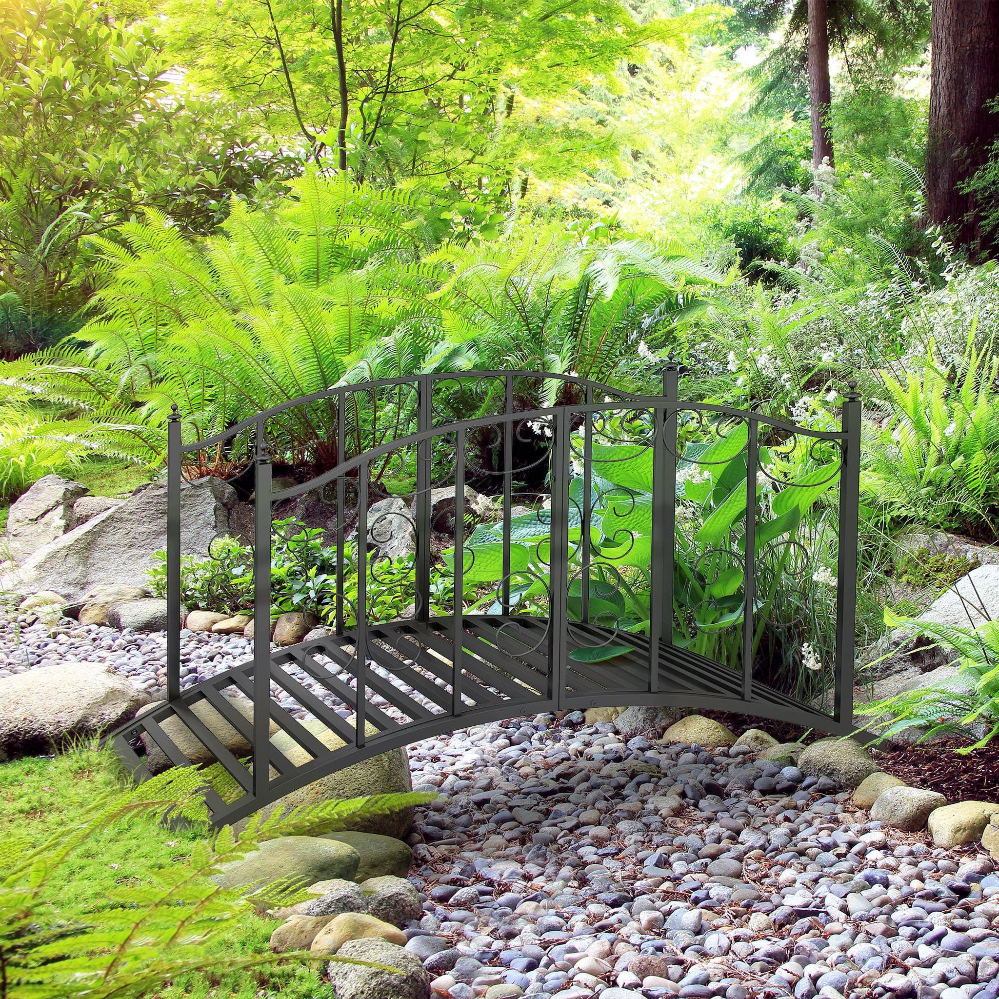 Voir la diapositive 2 : OUTSUNNY Pont de jardin métal noir style antique garde-corps latéraux max. 120 Kg