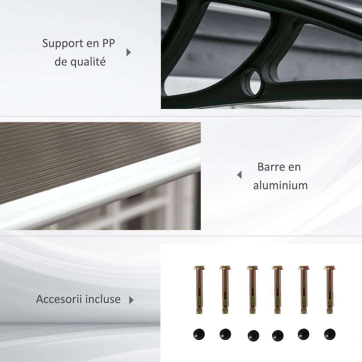 OUTSUNNY Auvent marquise de porte design voûté arrondi dim. 200L x 96l x 27H cm polycarbonate fumé brun PP noir