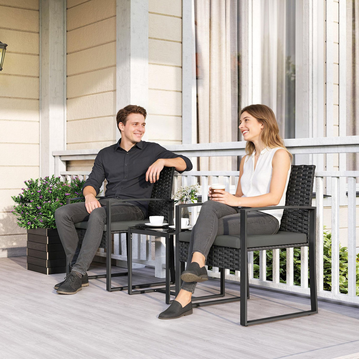 OUTSUNNY Salon de jardin 2 places 3 pièces avec coussins plateau verre trempé résine tressée 6 fils gris