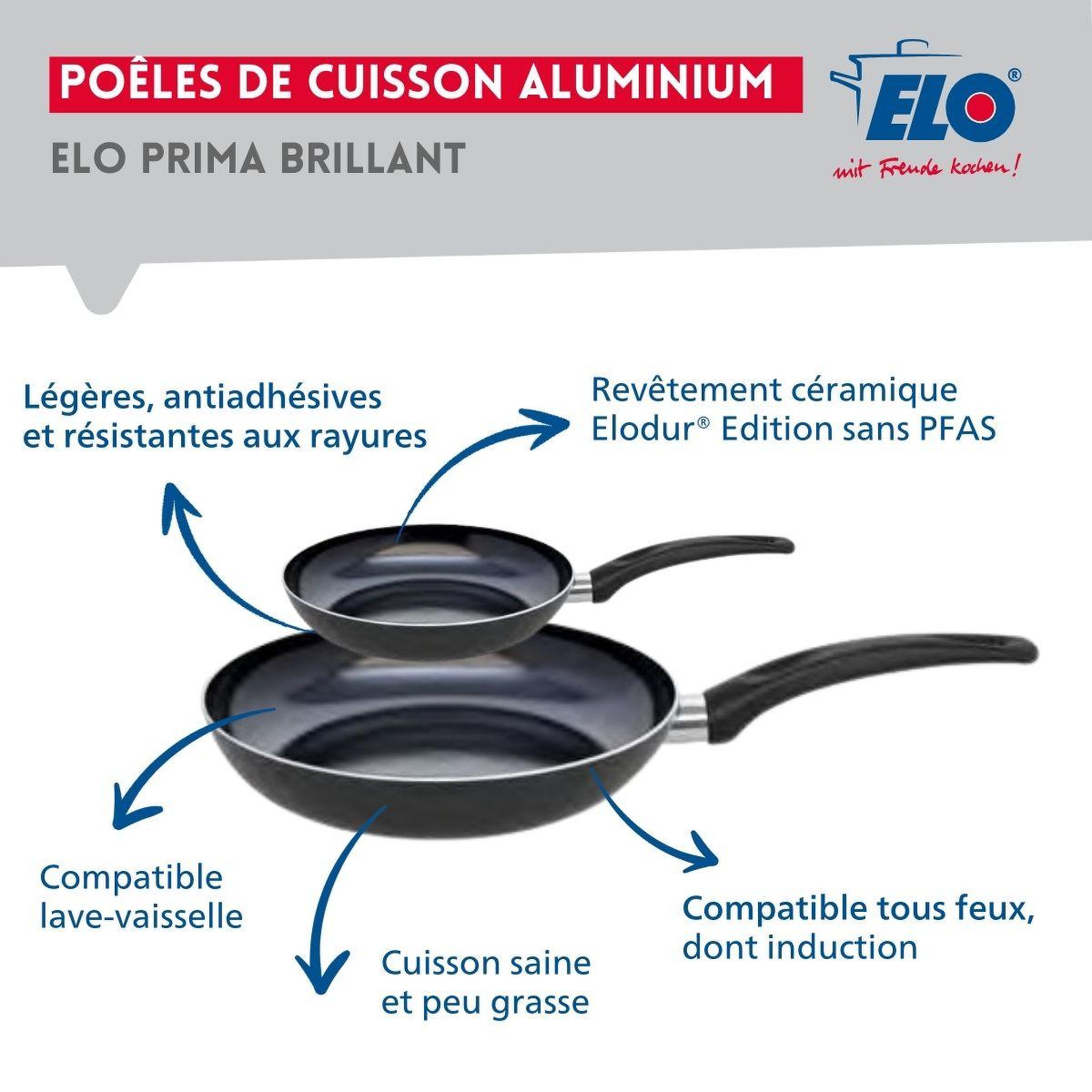 Voir la diapositive 4 : ELO Ensemble de 2 poêles de cuisson 20 et 32 cm et 5 faitouts 12, 14, 16, 20 et 24 cm elo prima brillant