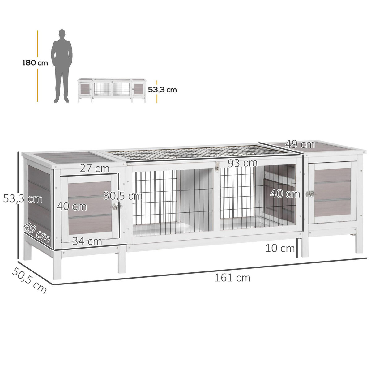 PAWHUT Clapier cage à lapin 2 portes toit ouvrant cloison amovible 2 niches plateaux déjection blanc gris