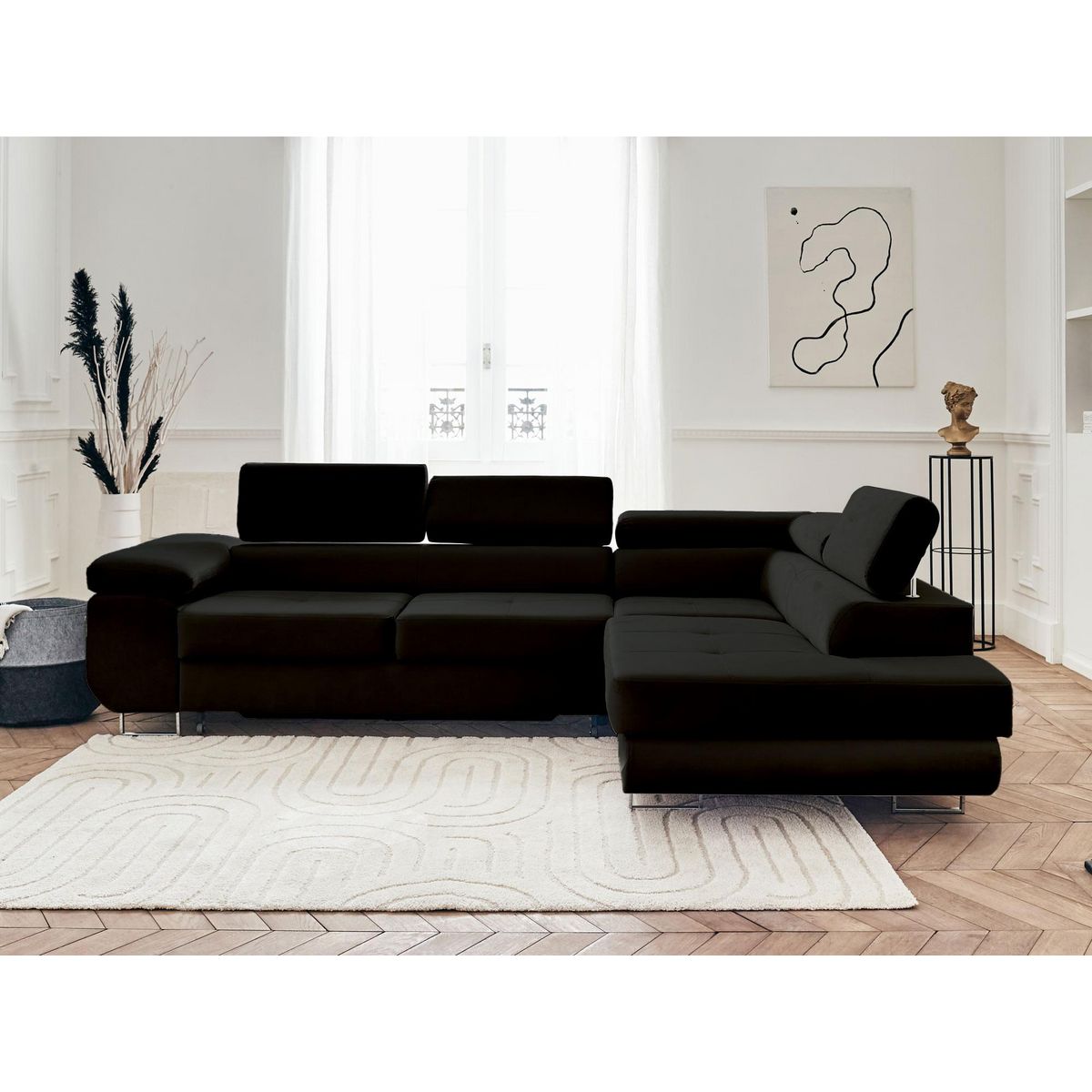 BEST MOBILIER Pablo - canapé d'angle droit - 5 places - convertible avec coffre et têtières réglables - en velours