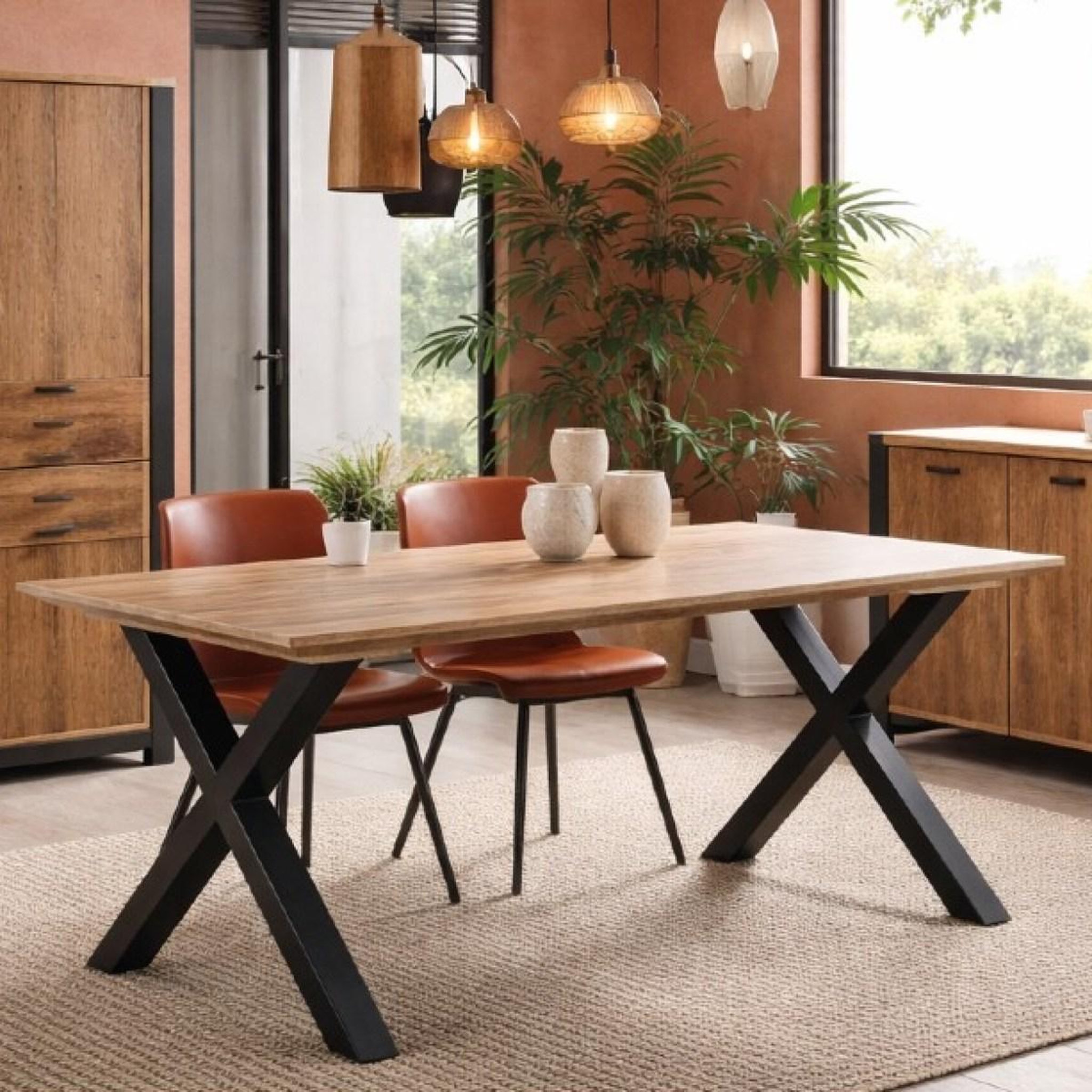 Voir la diapositive 2 : JLC KREATION Table à manger industrielle en bois avec pieds X 230cm MONA