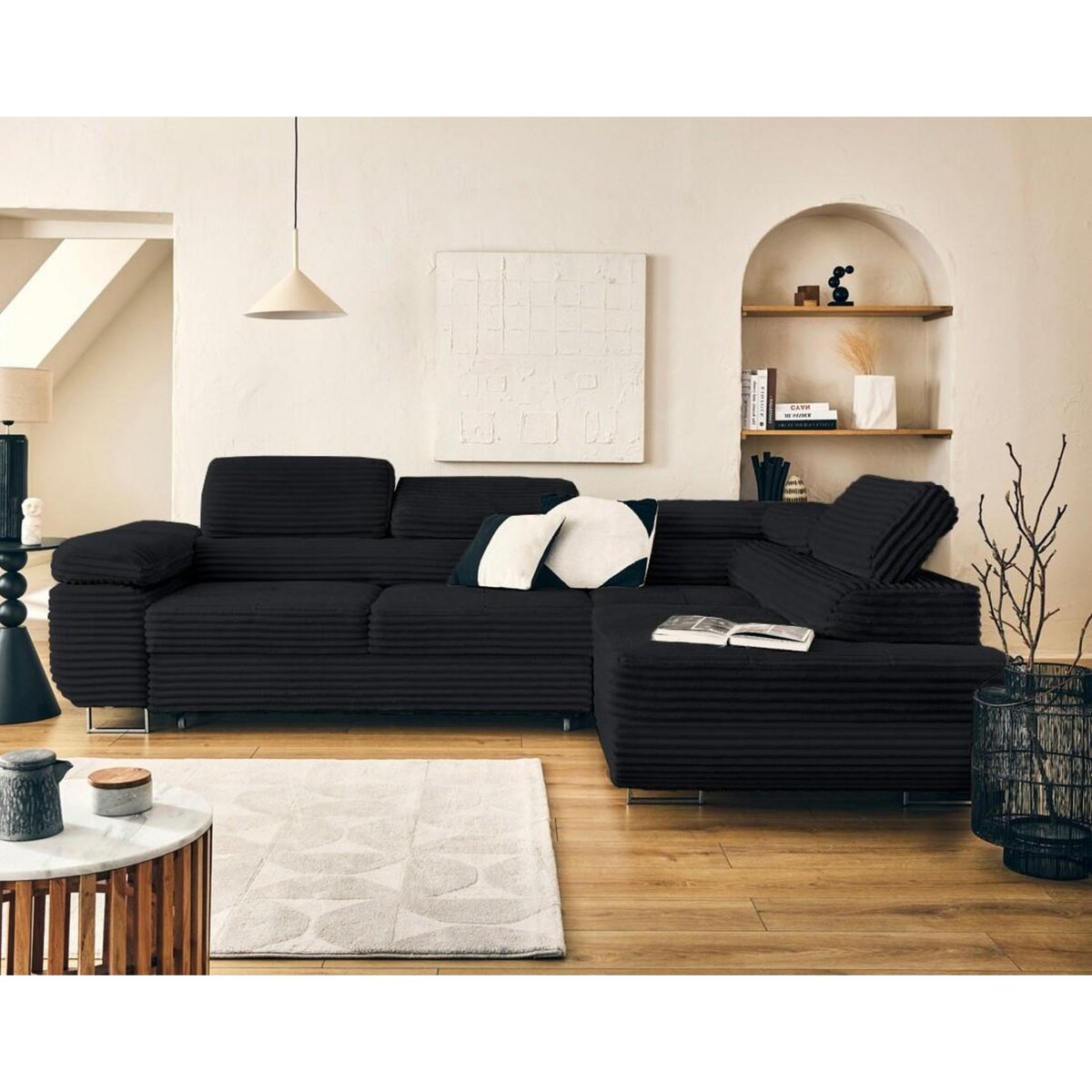 LISA DESIGN Zaria - canapé d'angle droit 5 places convertible avec coffre et têtières en velours côtelé grosses côtes