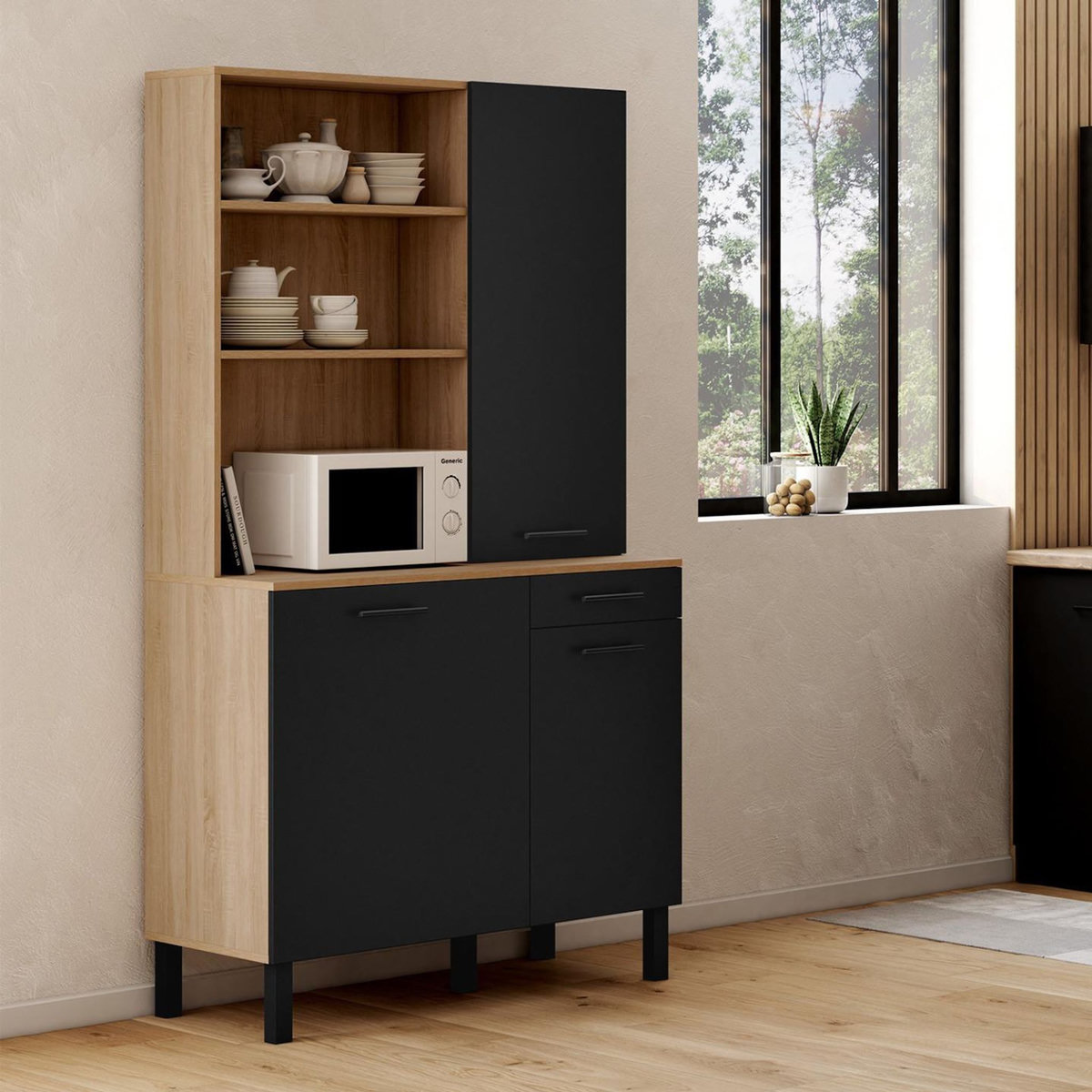 ID MARKET Buffet de cuisine avec colonne de rangement 100 CM CINA 3 portes + tiroir façon hêtre et noir
